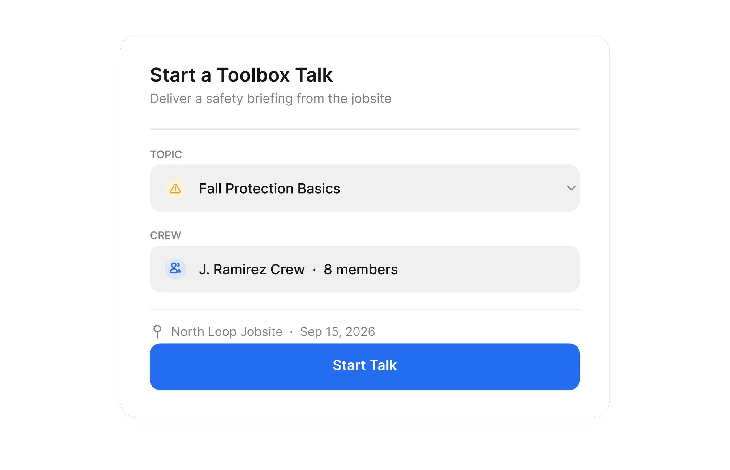 Starting a toolbox talk from the jobsite with topic, crew and location selected in Clue mobile