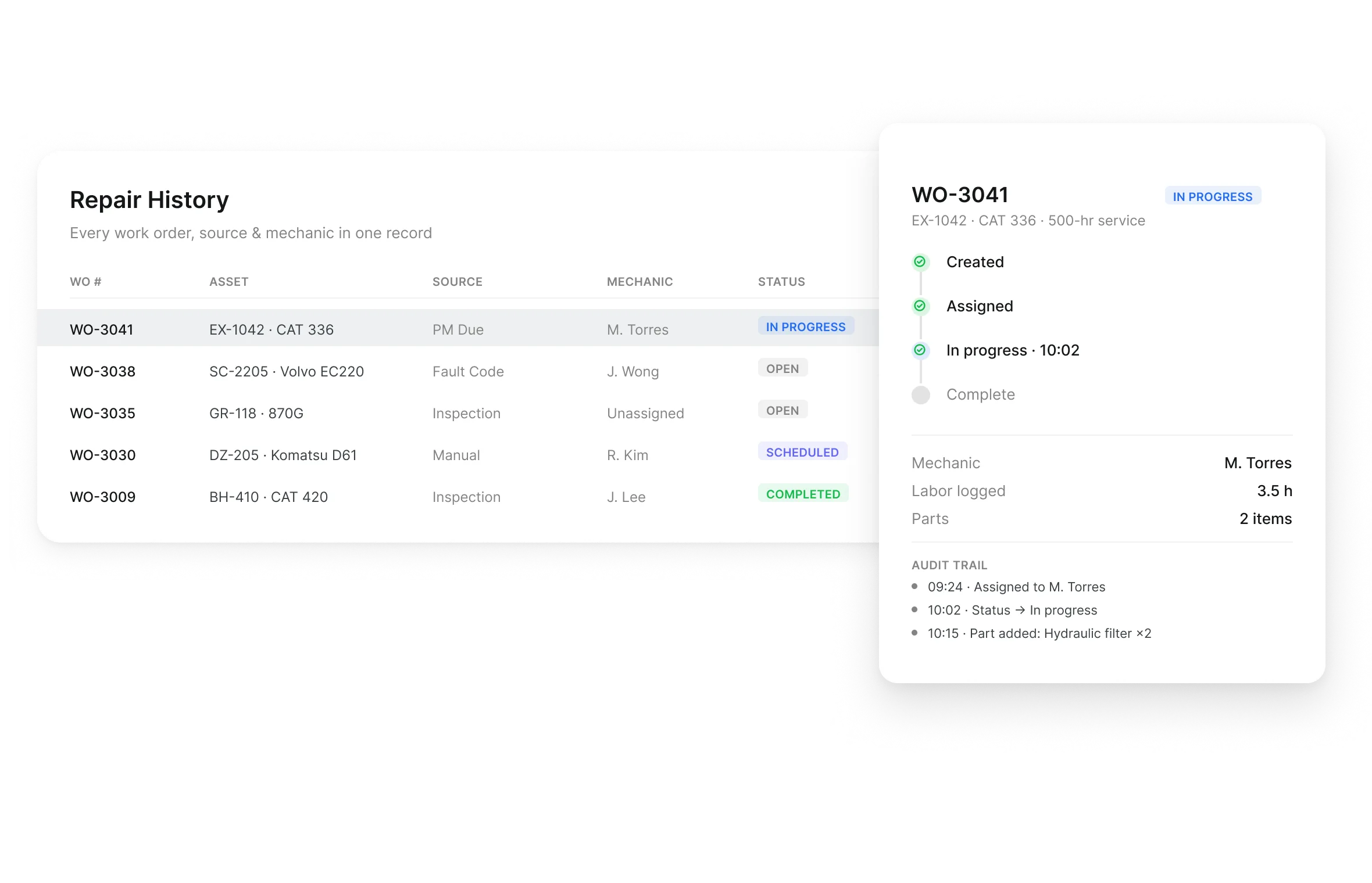 Work order repair history with source, mechanic and status beside a work order audit trail