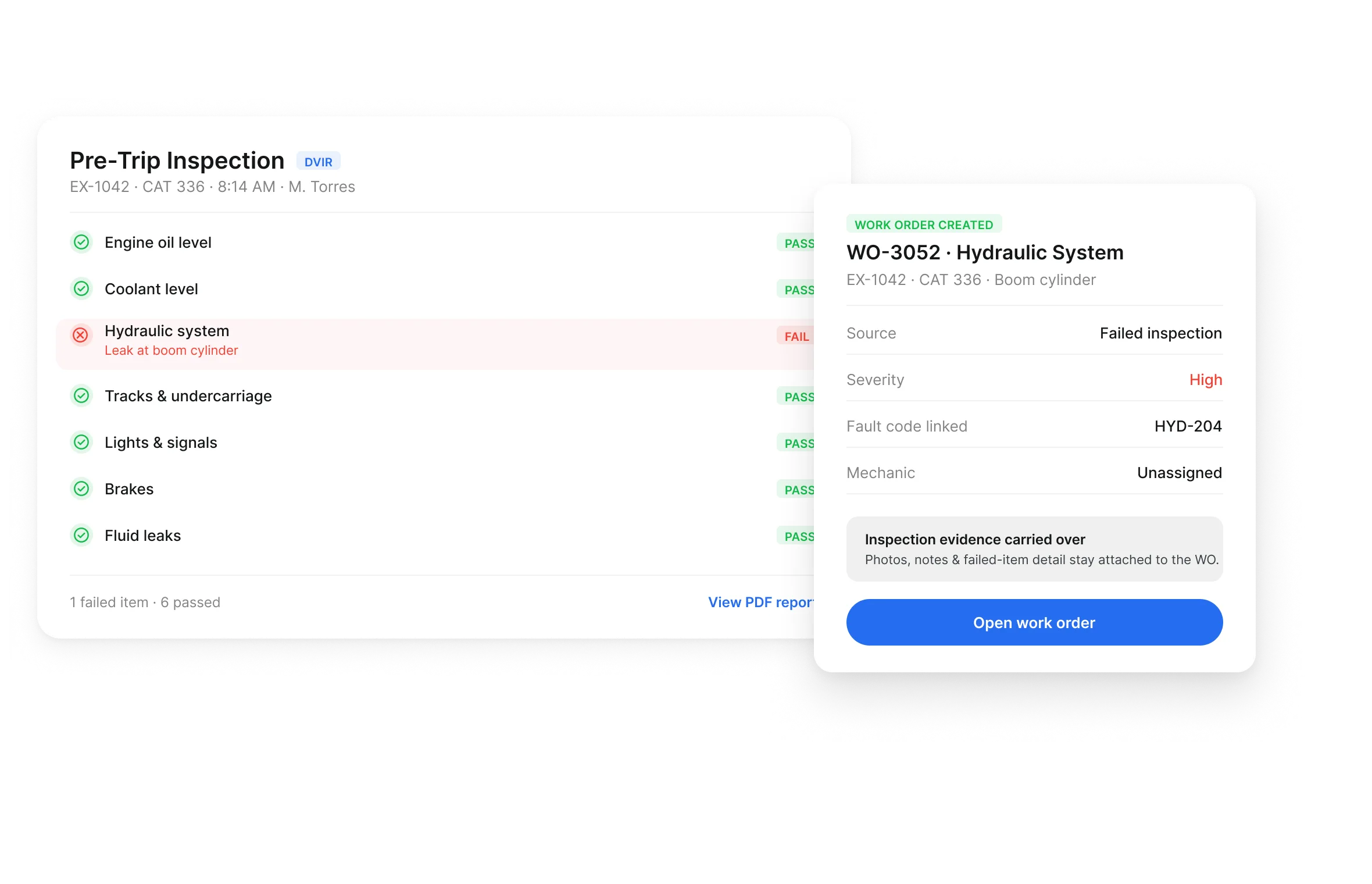 Failed pre-trip inspection item creating a work order with the fault code linked