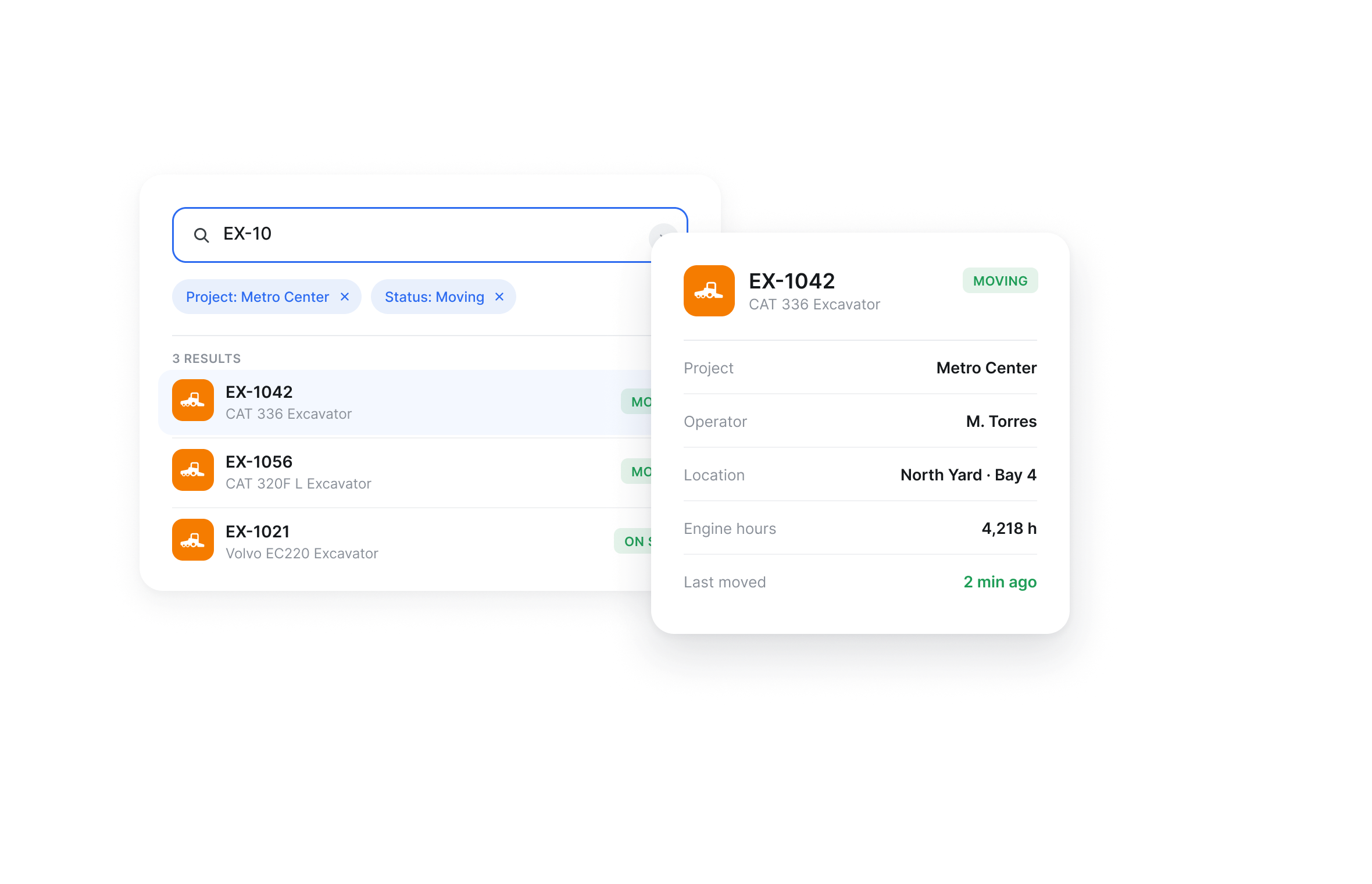 Clue live equipment status showing machines assigned to a jobsite as moving or on site