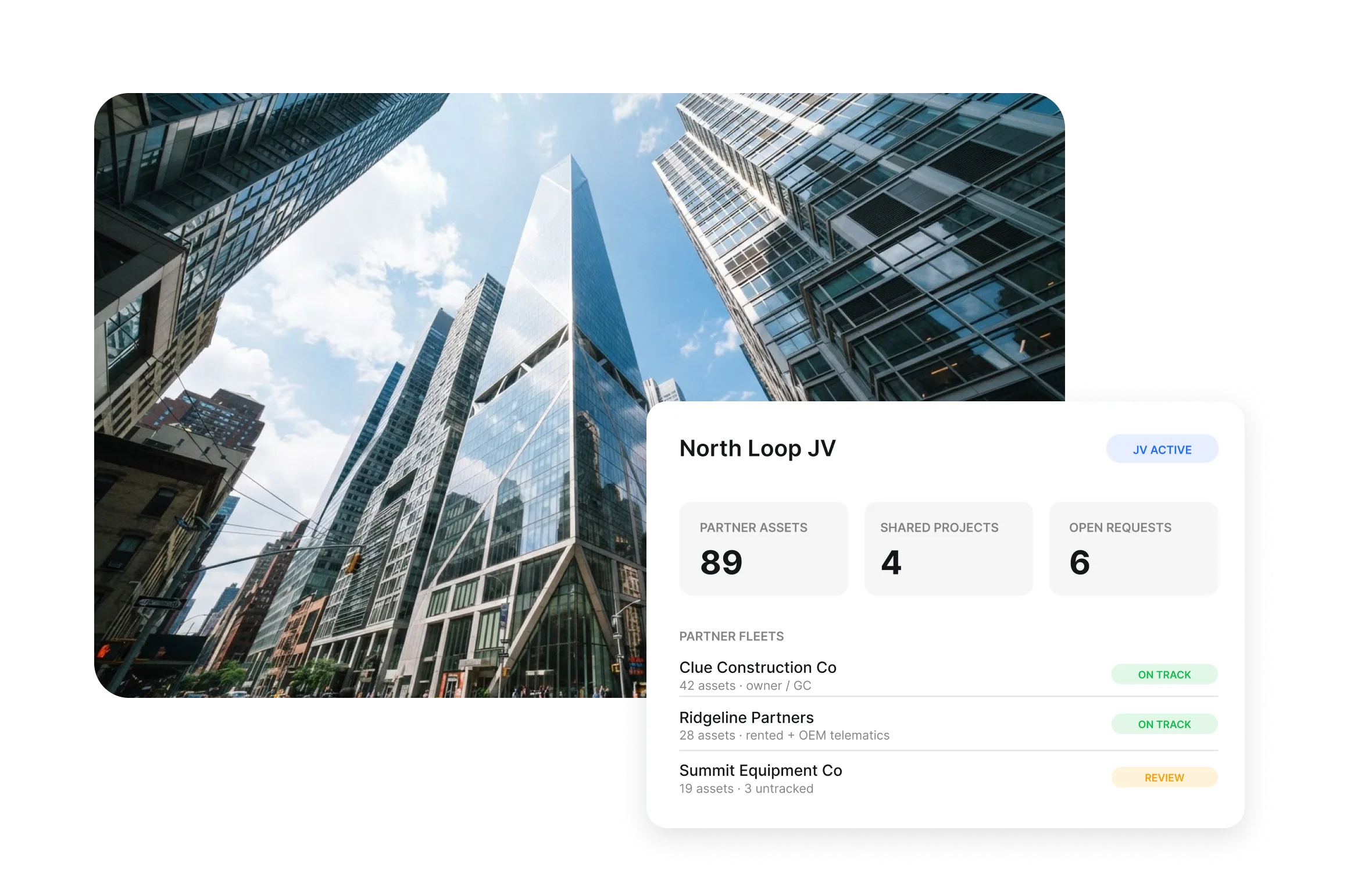 Clue joint venture dashboard showing partner fleets, shared projects and open equipment requests