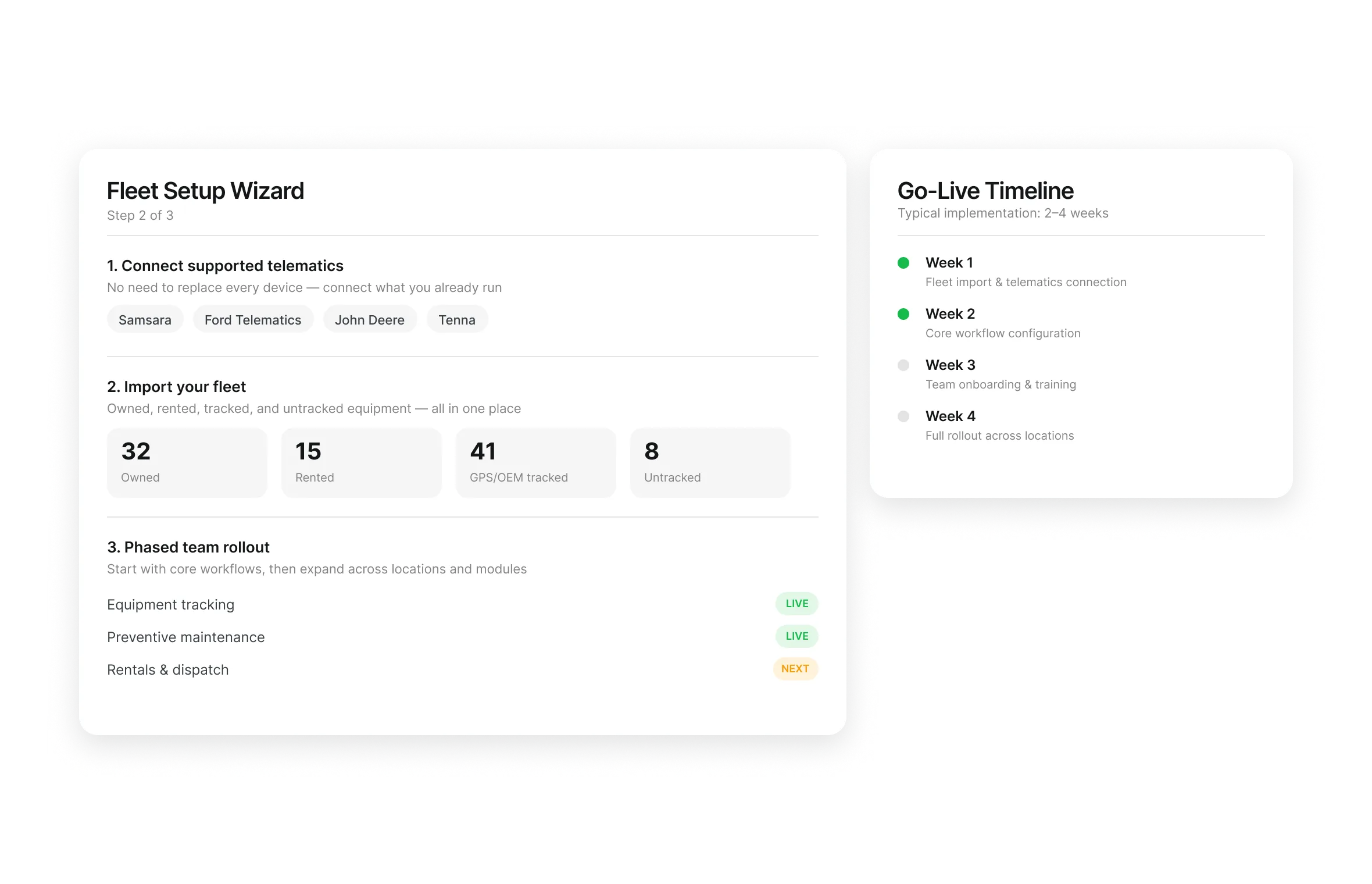 Clue fleet setup wizard connecting telematics and importing owned, rented and untracked equipment