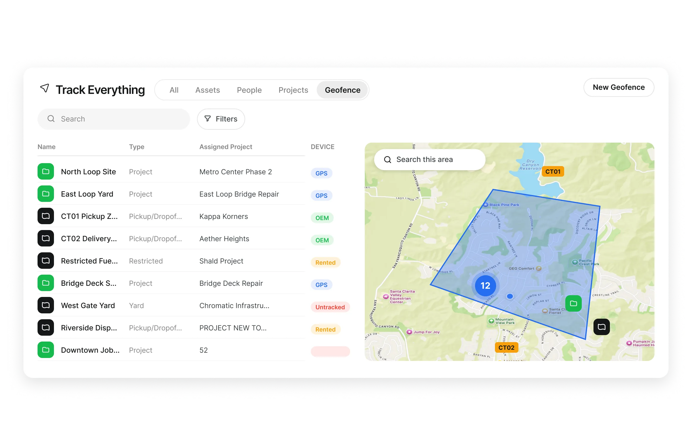 Track Everything live map showing GPS, OEM, rented and untracked assets in one fleet view