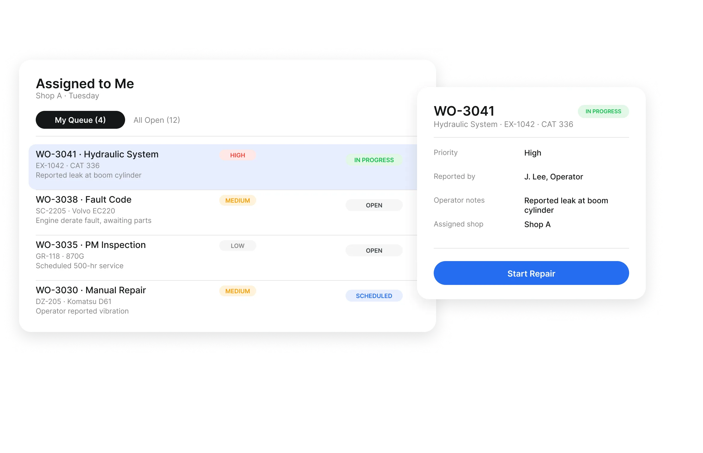 Mechanic work order app queue in Clue showing priority, asset, and status for each assigned job