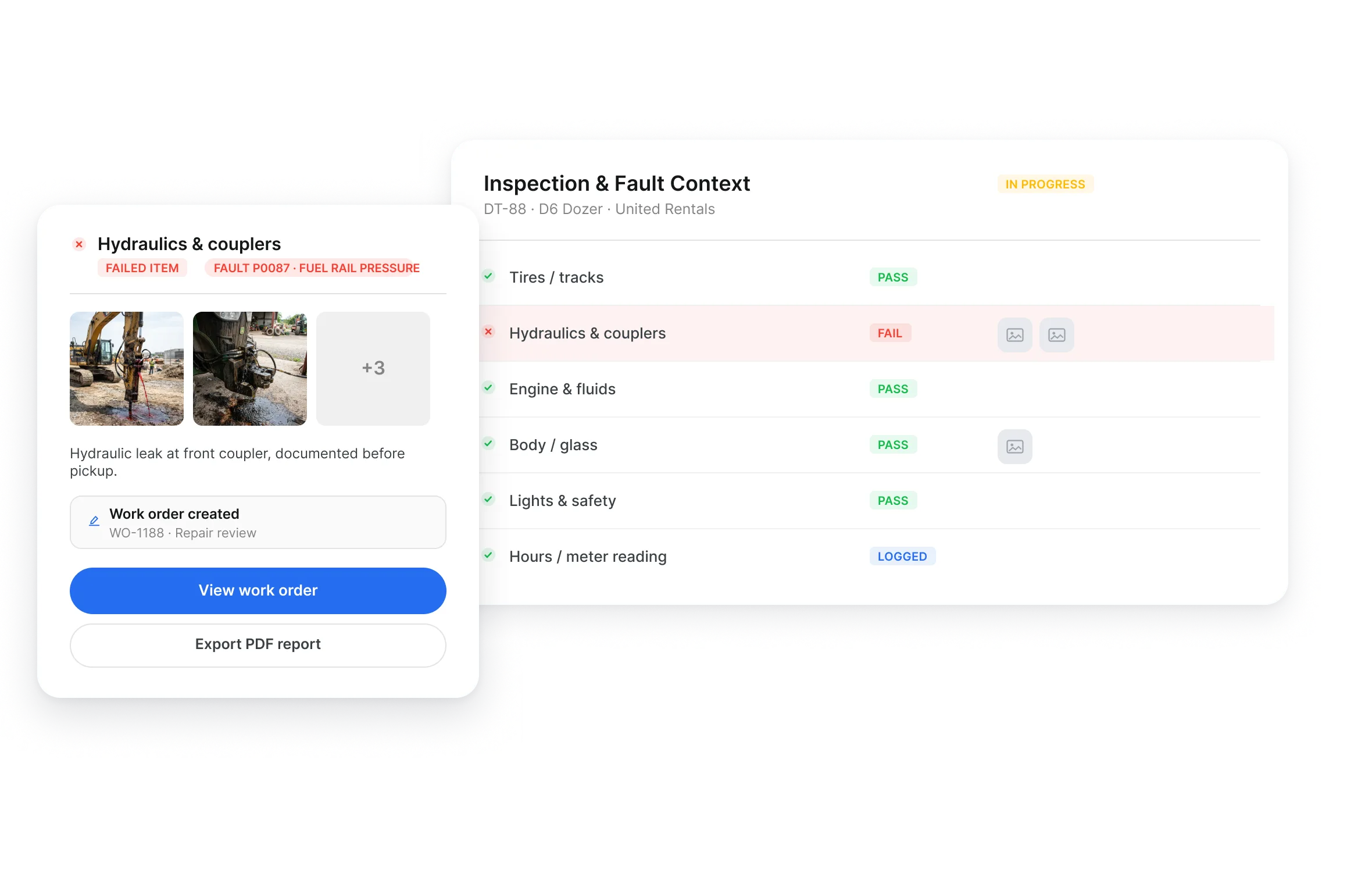 Equipment inspection app checklist in Clue with pass fail items and fault code context