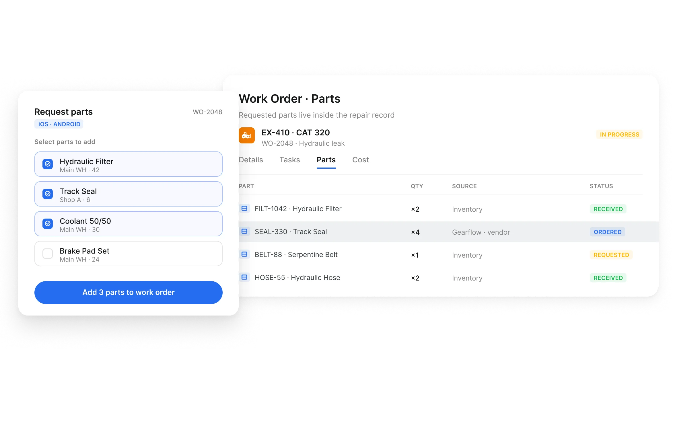 Parts tracking app view for a construction mechanic requesting and logging parts on a work order