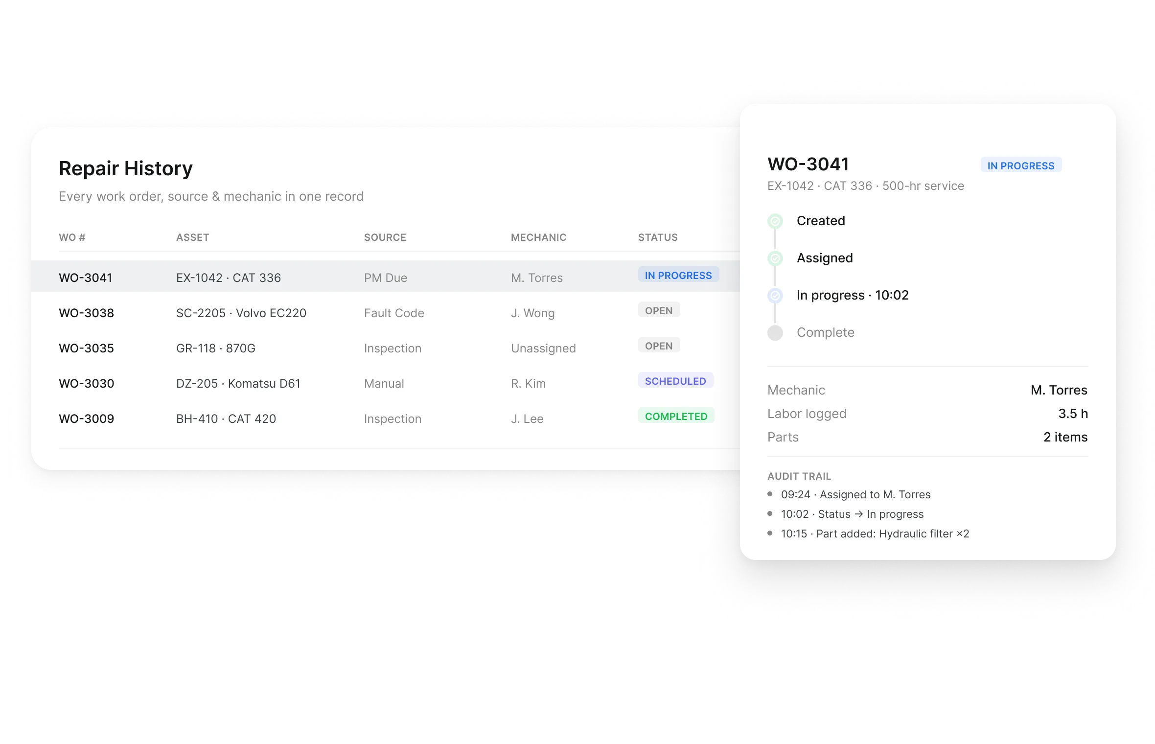 Equipment repair history tracking in Clue with a work order timeline and audit trail