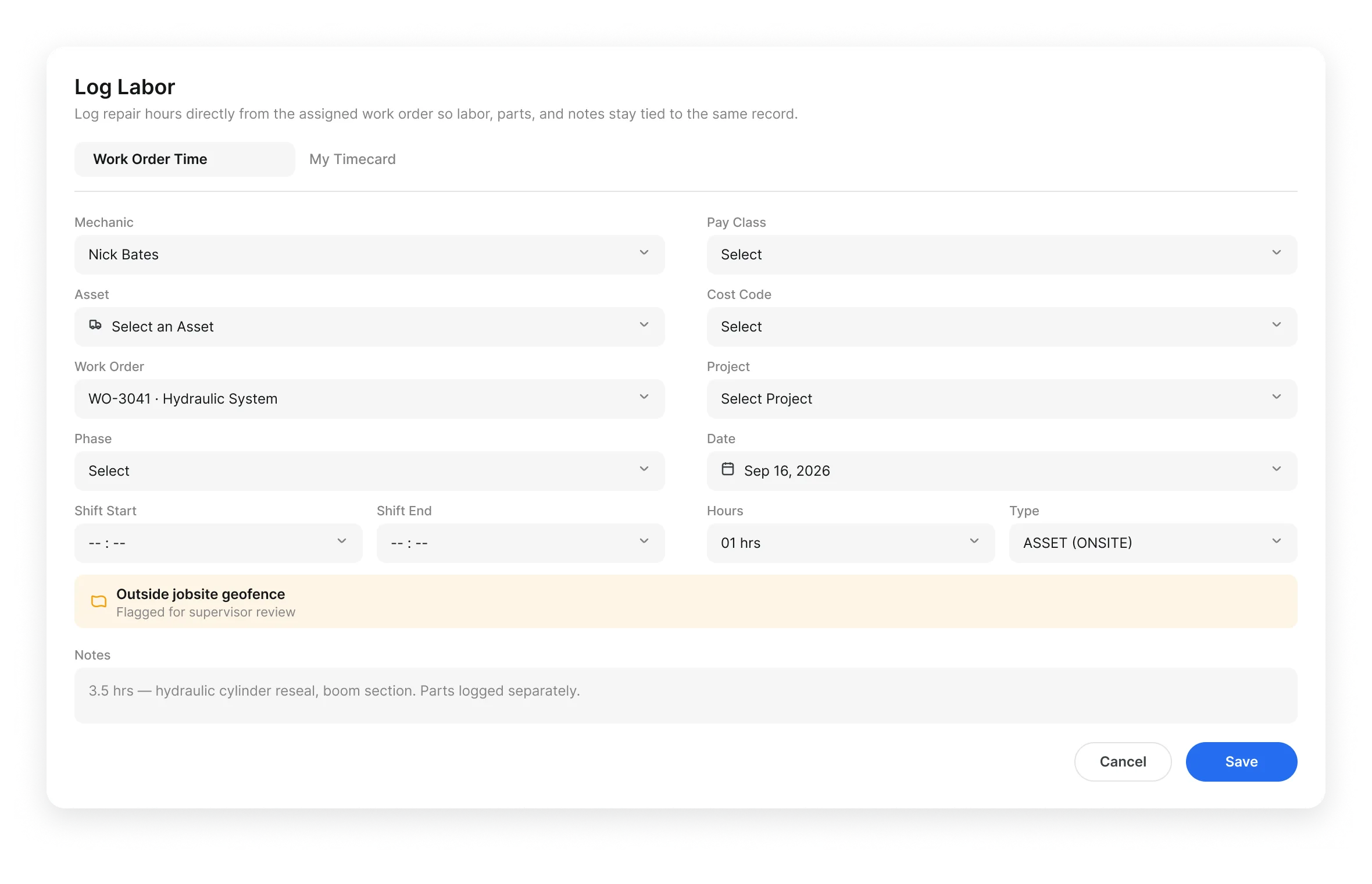 Field mechanic software logging labor hours and repair notes inside a Clue work order
