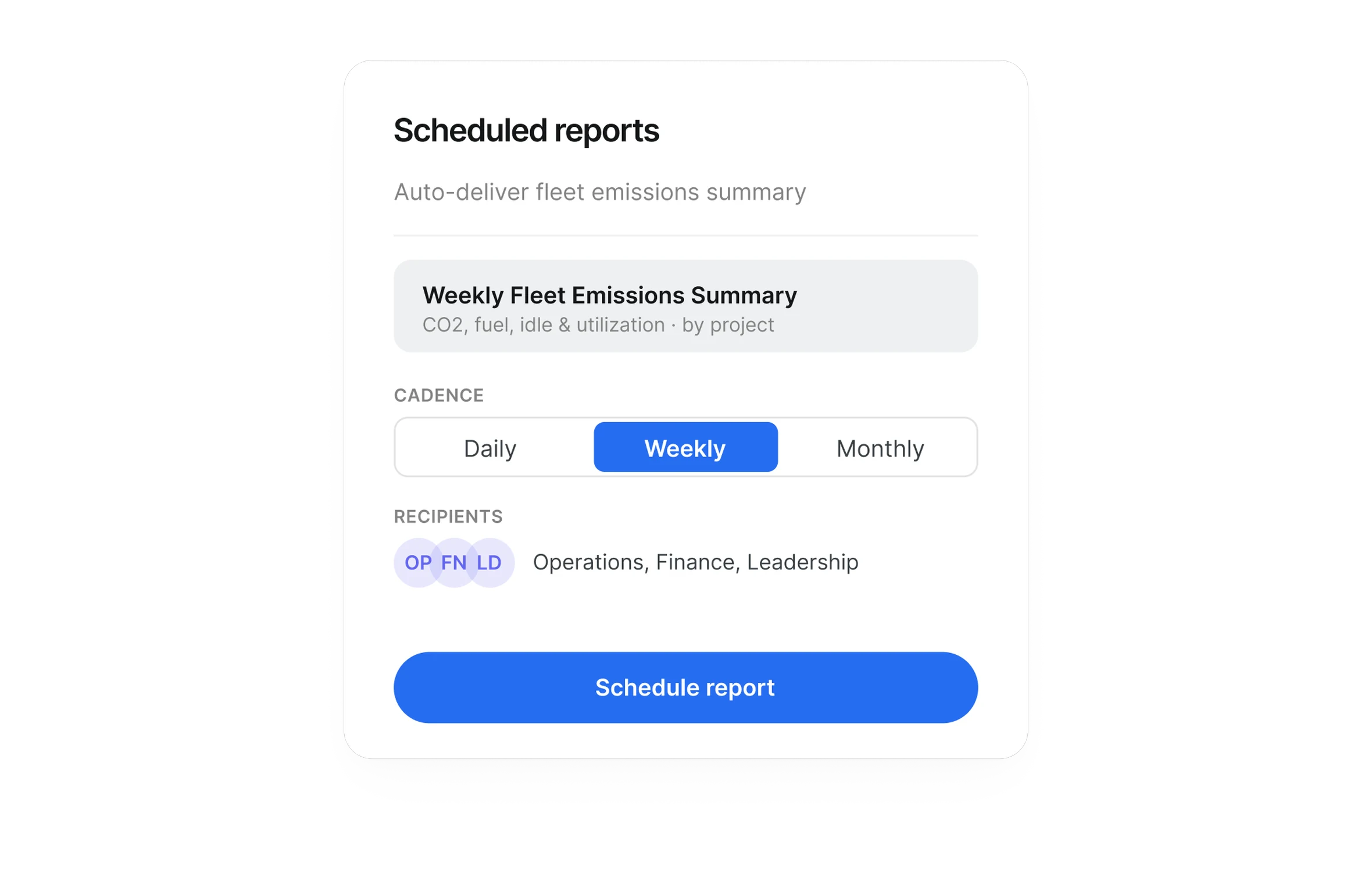 Clue scheduled reports auto-delivering a weekly fleet emissions summary to selected recipients