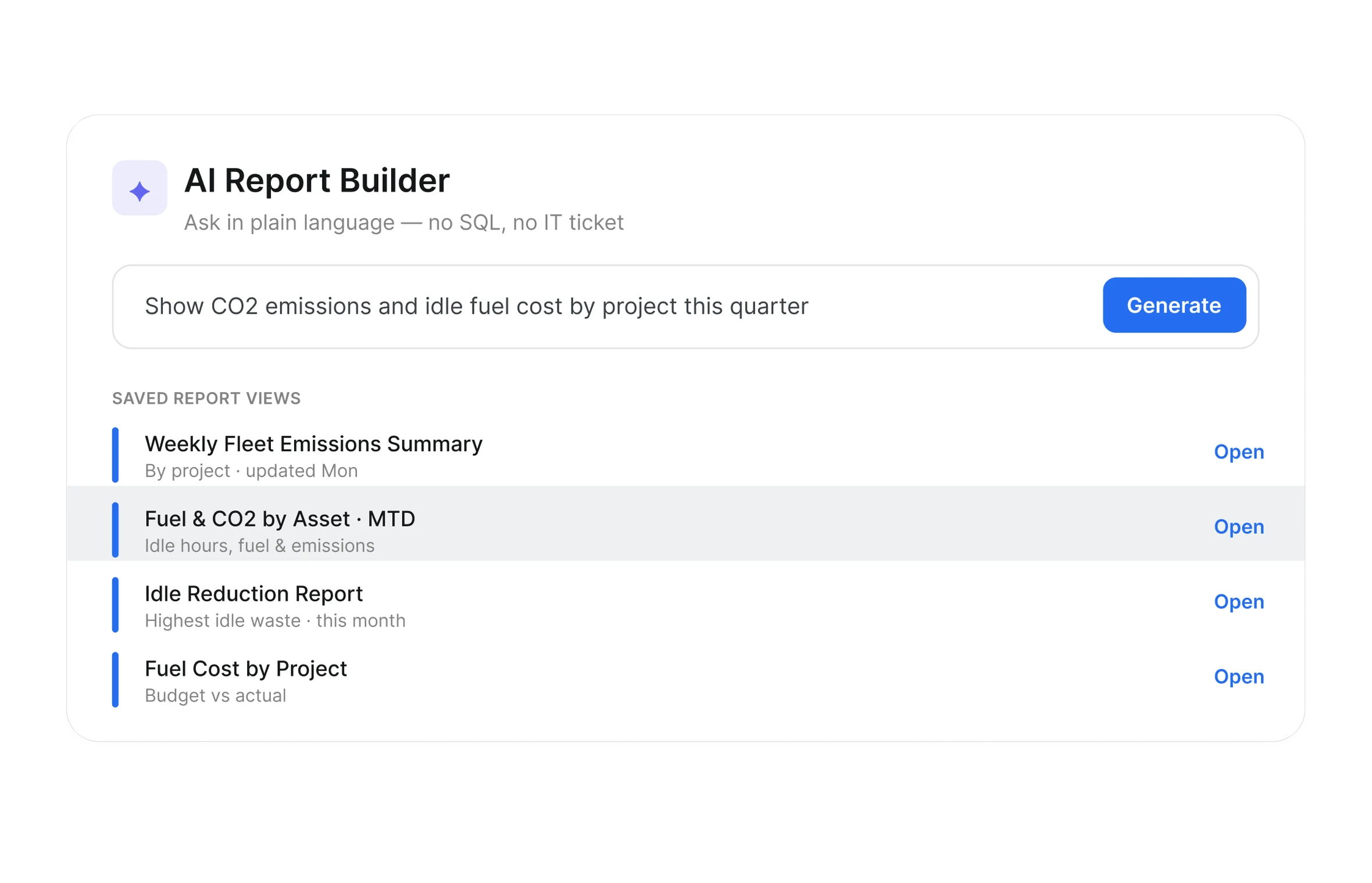 Clue AI Report Builder creating a custom emissions report from plain language, with saved report views