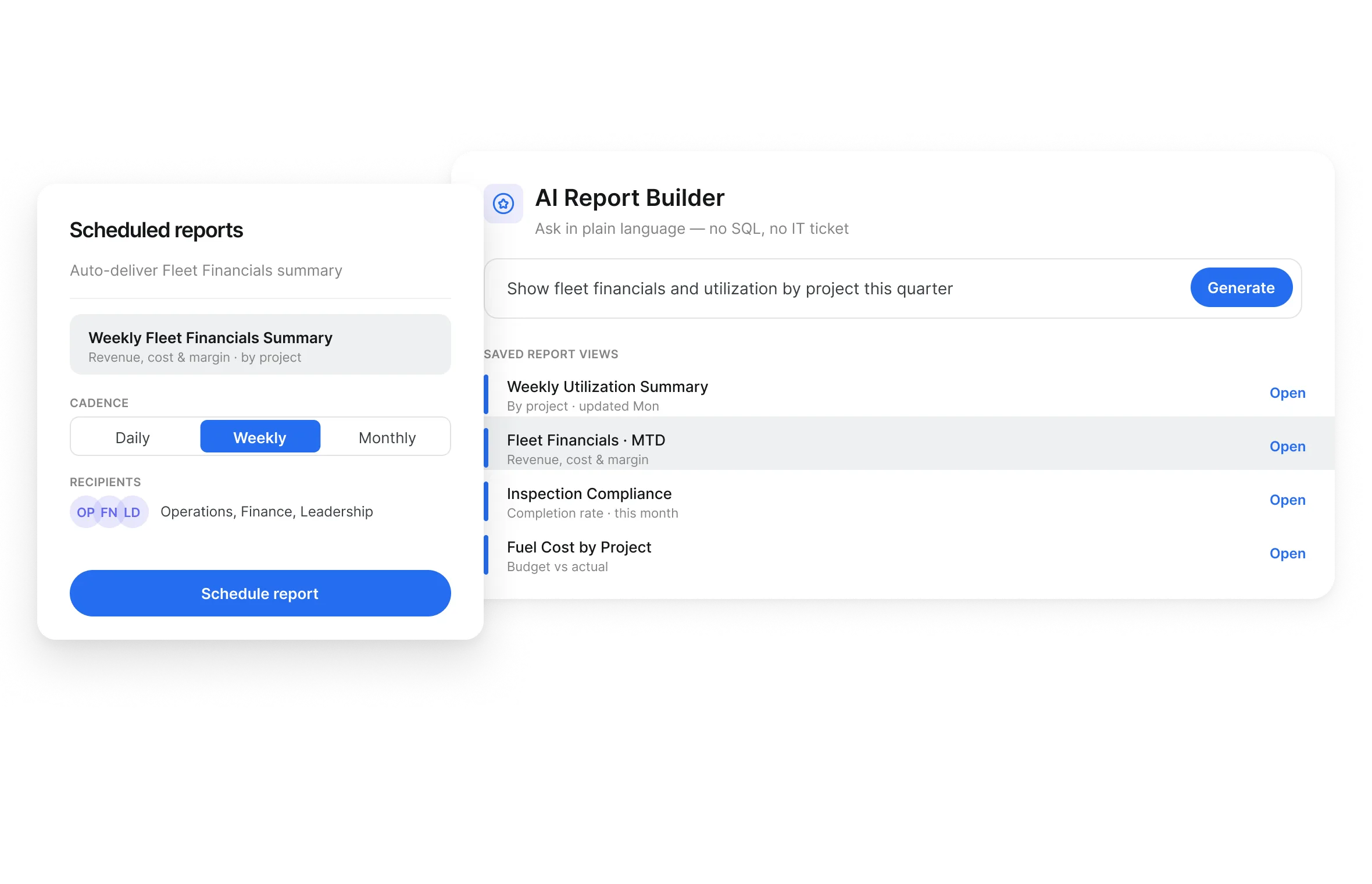 Scheduled reports and AI Report Builder used for executive fleet reporting