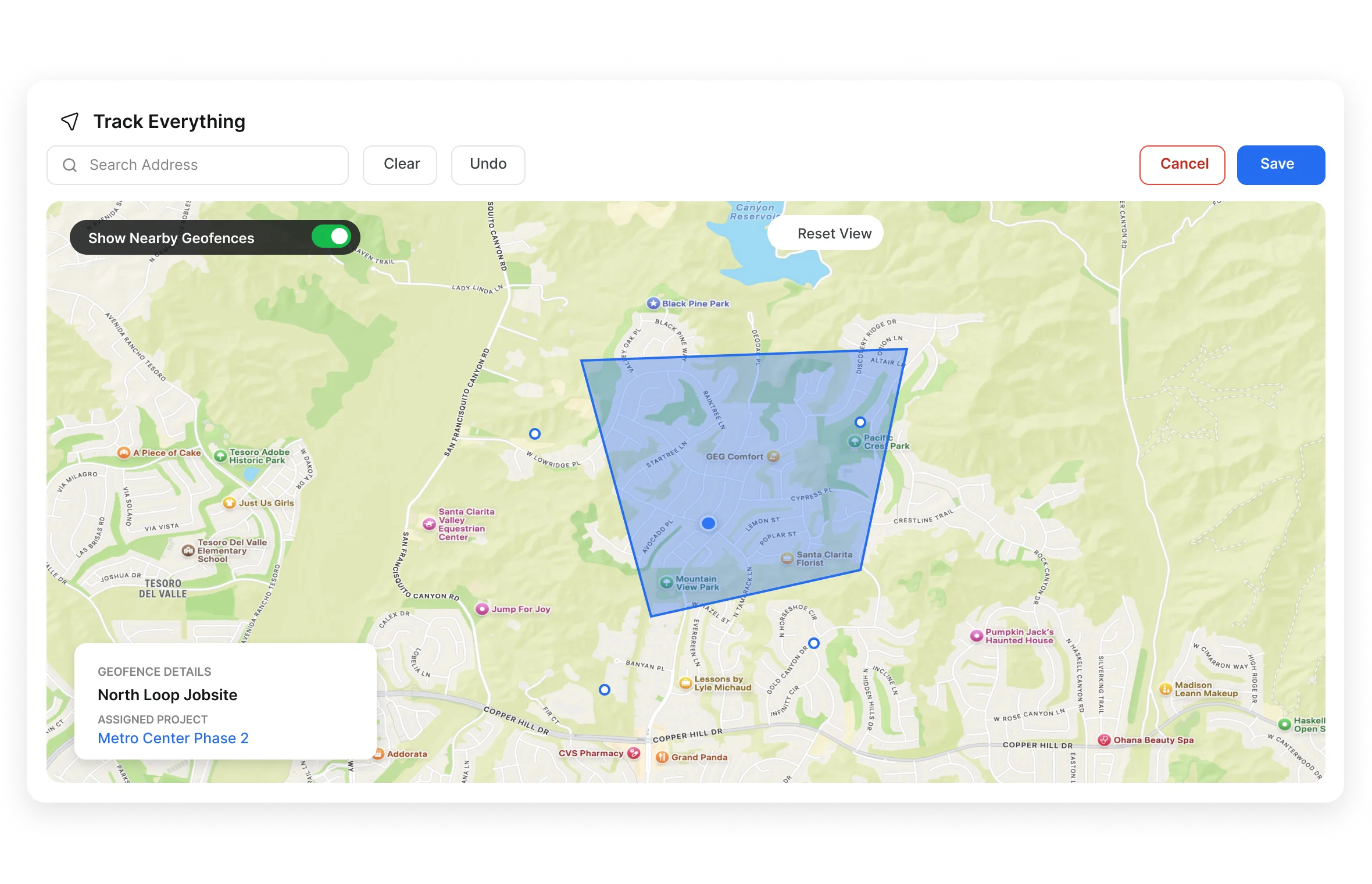 Custom geofence zone drawn around a jobsite with nearby geofences shown on the Clue map