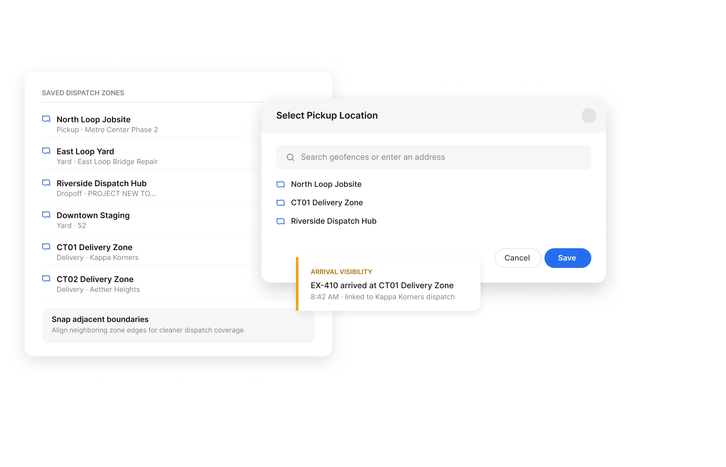 Saved dispatch region geofences used to select a pickup location with arrival visibility