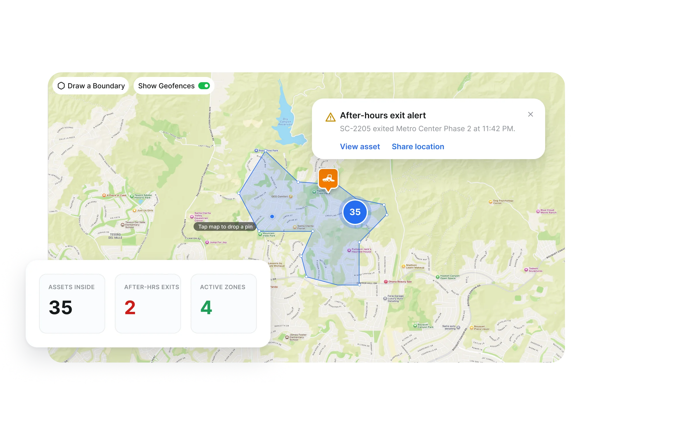 After-hours exit alert on the Clue map with options to view the asset and share its location