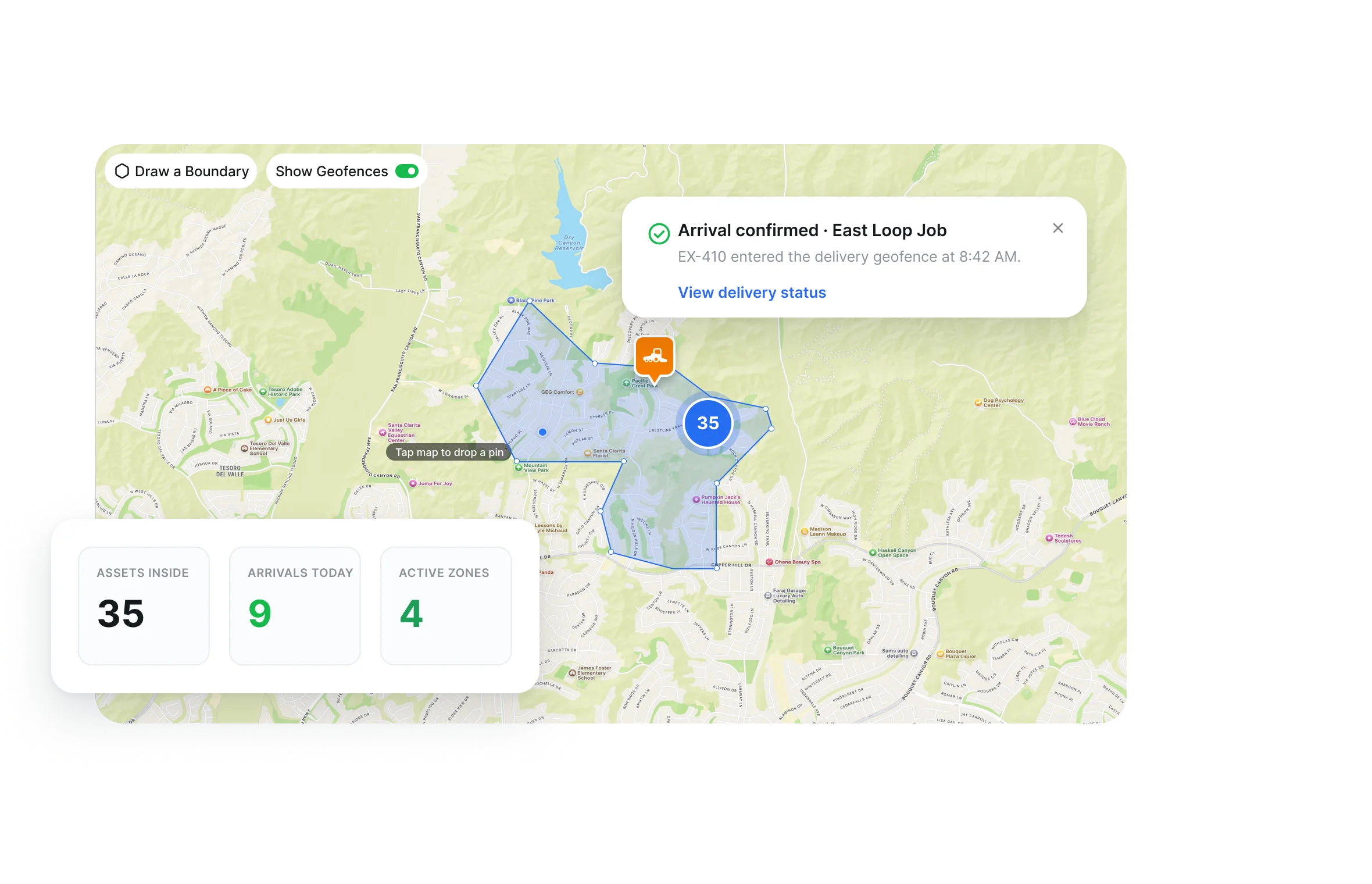Delivery arrival confirmed by a geofence trigger with delivery status available to dispatch