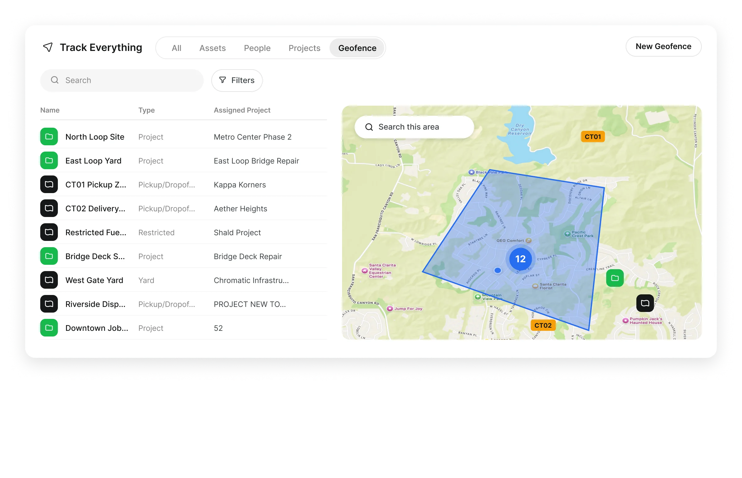 Clue Track Everything geofence list and map showing jobsite, yard and dispatch zones