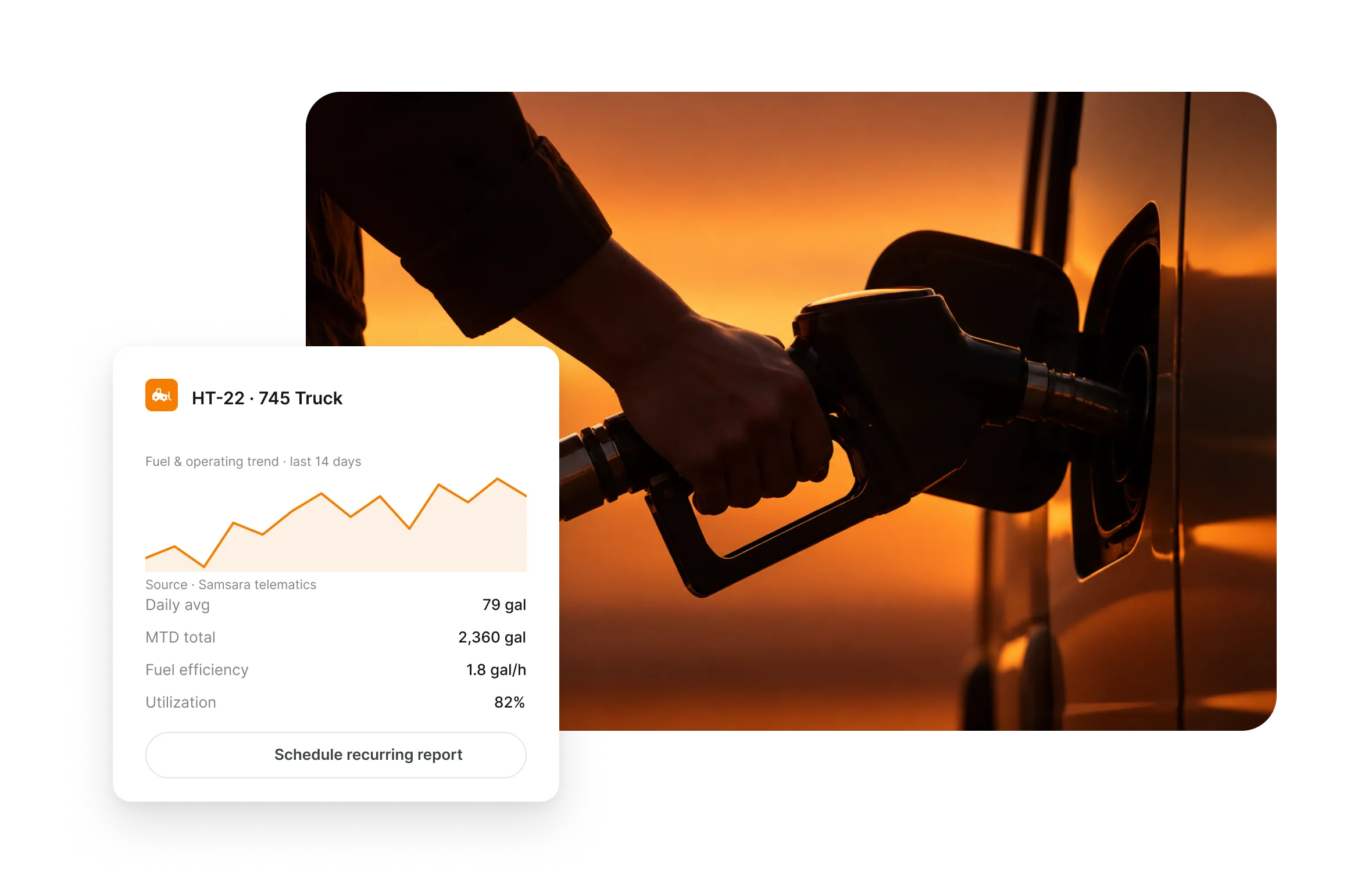 Clue fuel and operating trend for a haul truck showing daily average gallons, month to date total and fuel efficiency