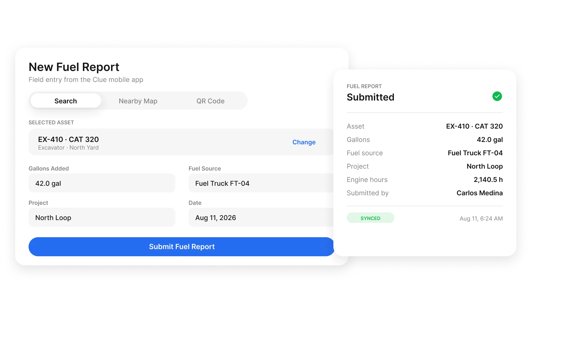 New fuel report in the Clue mobile app with gallons added, fuel source, project and a synced submission record