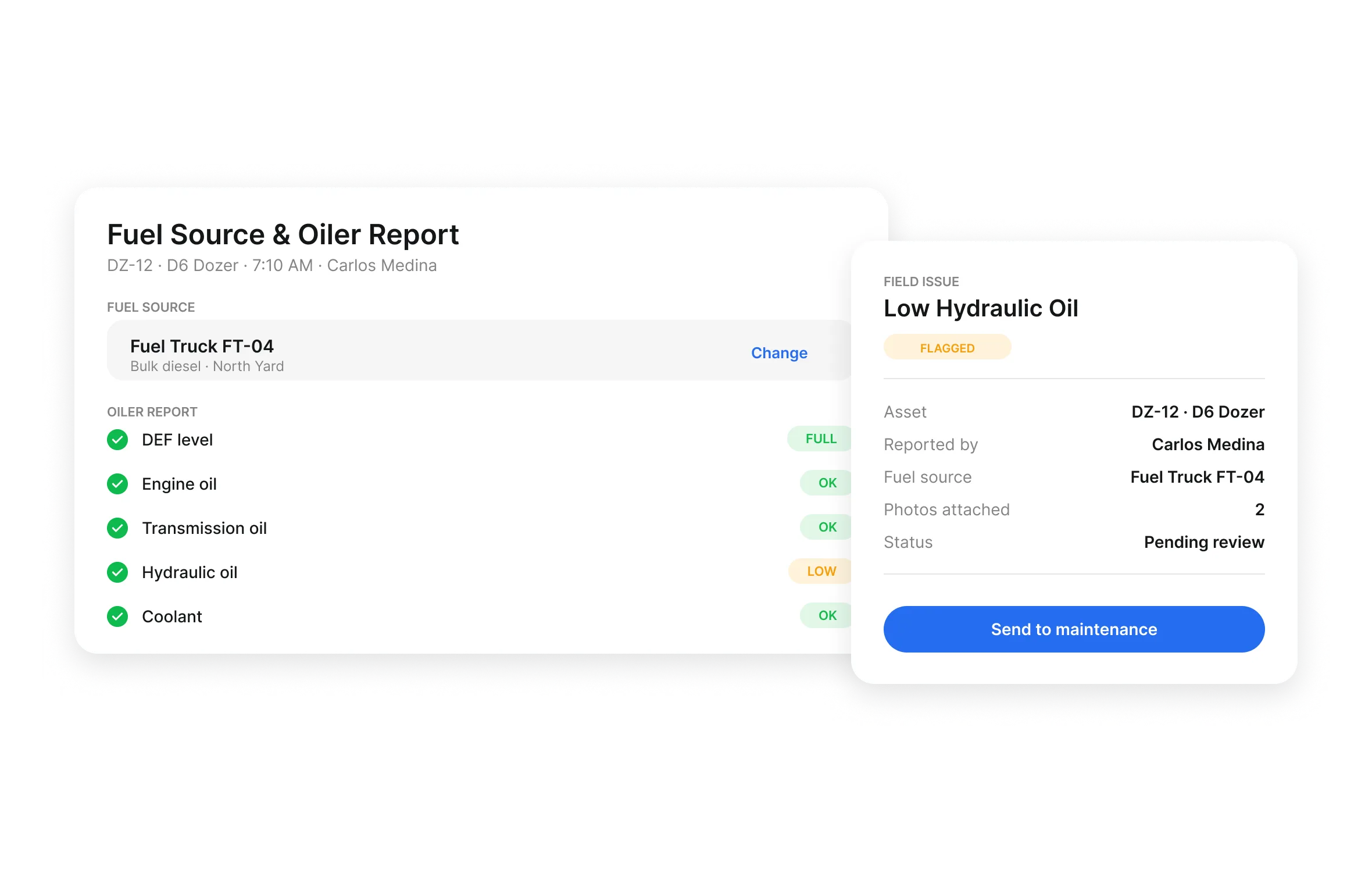 Fuel source and oiler report with fluid level checks and a flagged field issue sent to maintenance