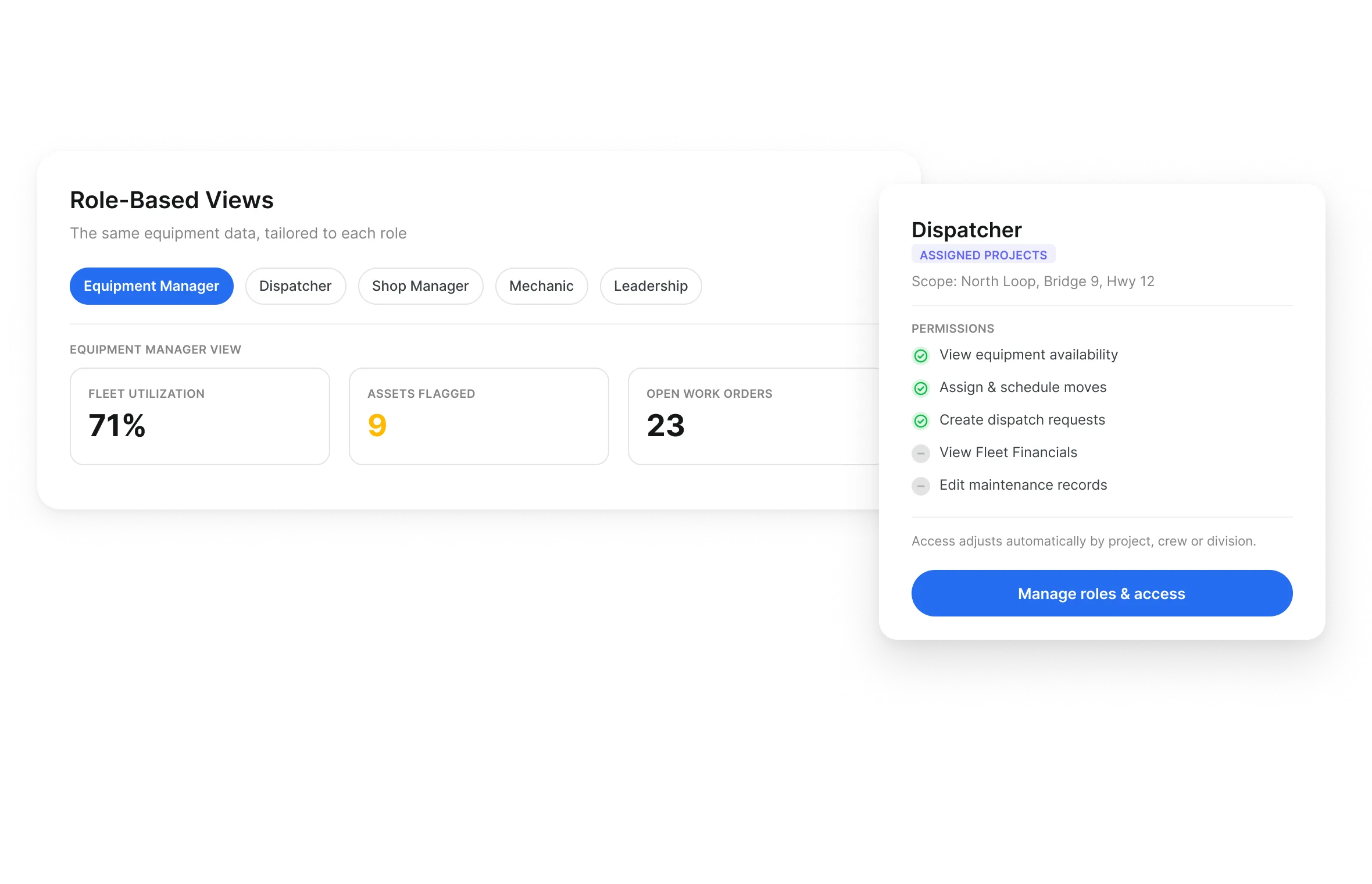 Fleet management software role-based access in Clue with per-role views and scoped permissions