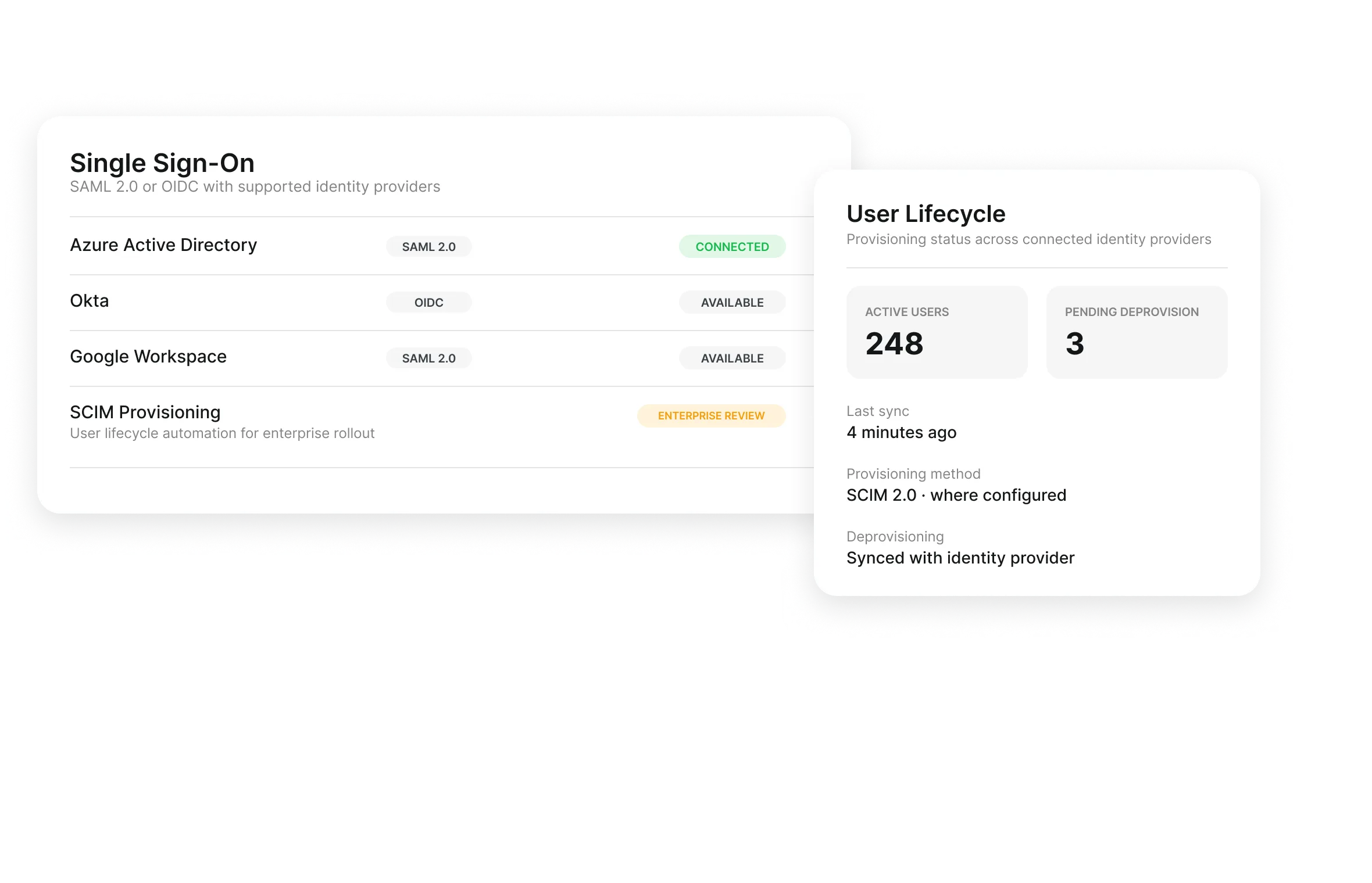 Construction software SSO integration in Clue showing SAML 2.0, OIDC and SCIM provisioning
