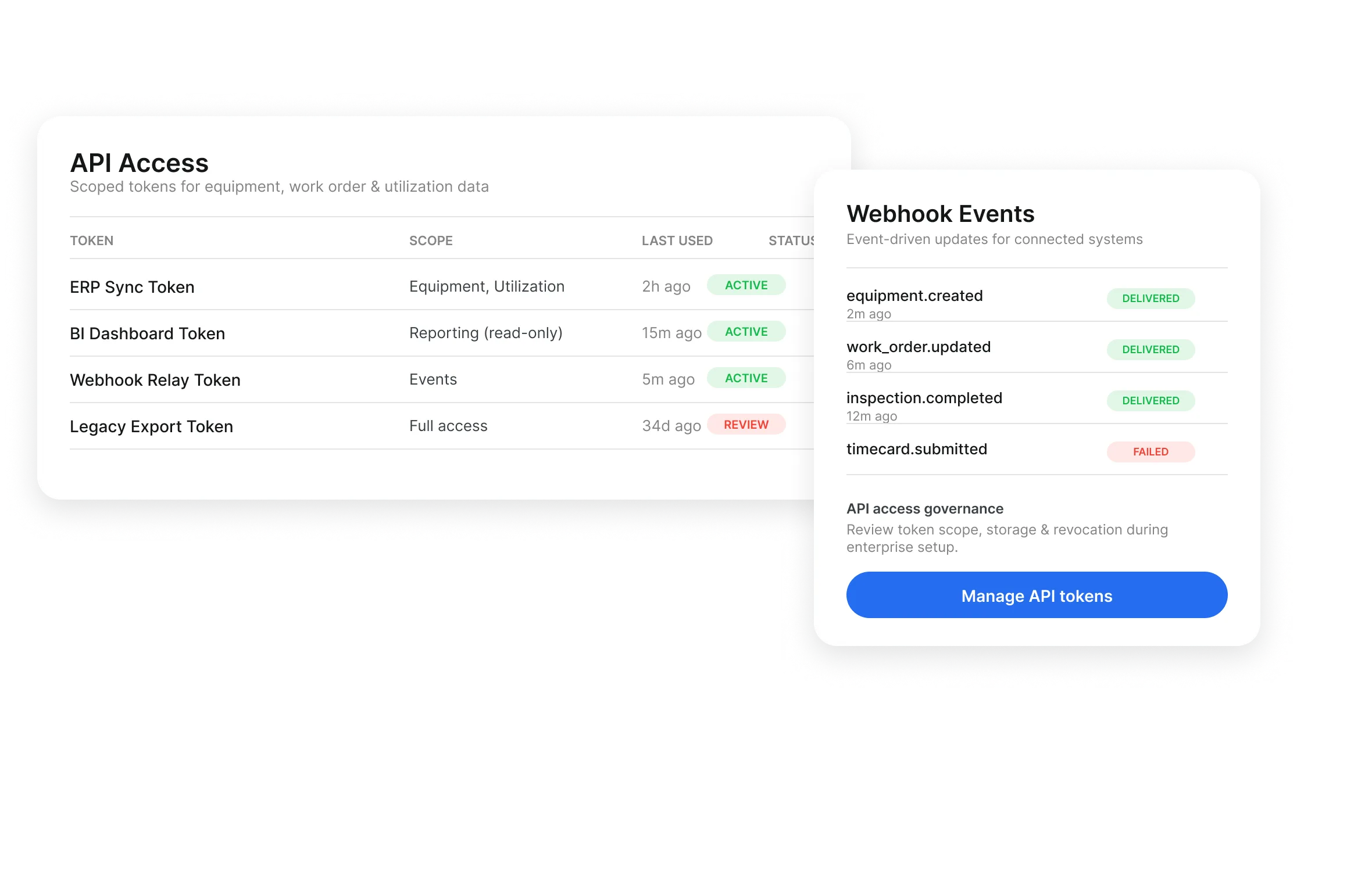 Fleet management software API for construction in Clue with scoped tokens and webhook events