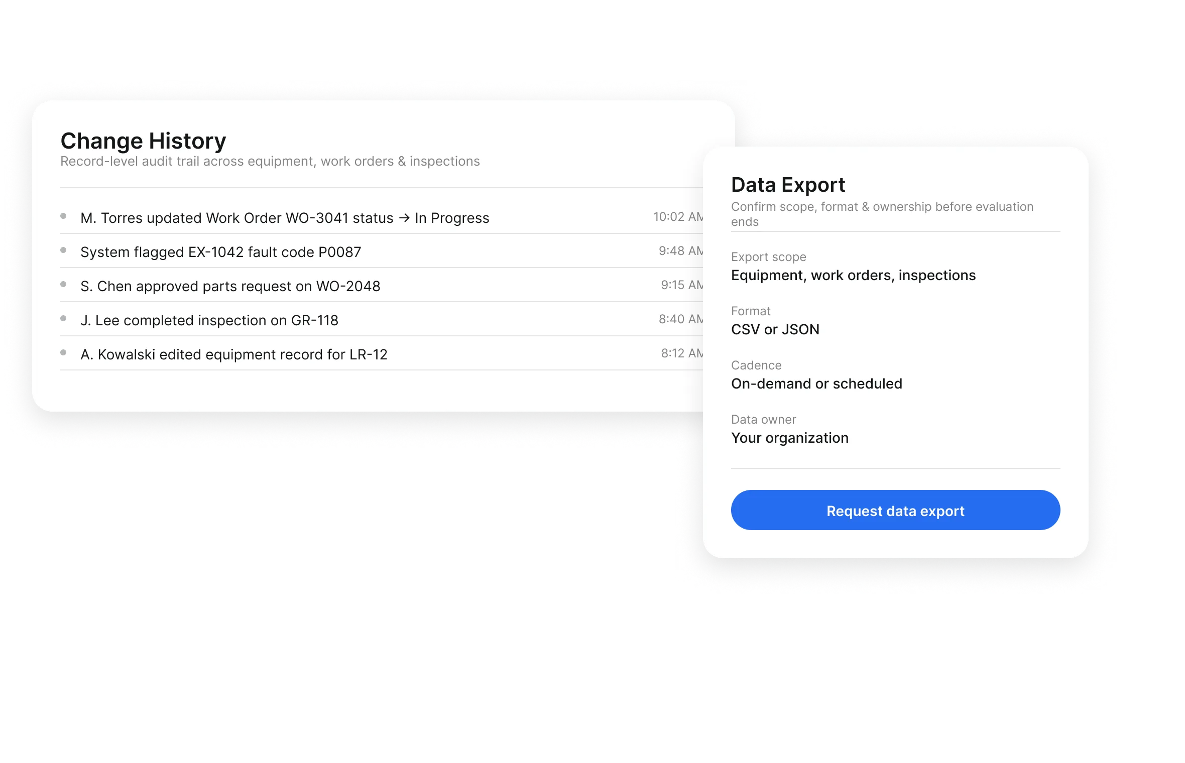 Construction fleet data ownership and export in Clue with a record-level change history