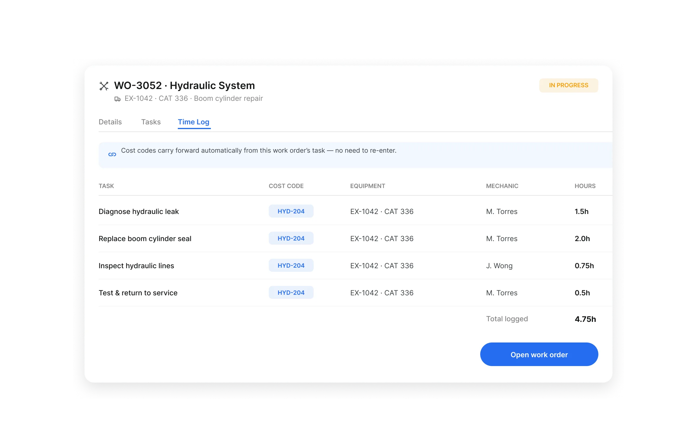Cost code, equipment, and work order time tracking in Clue