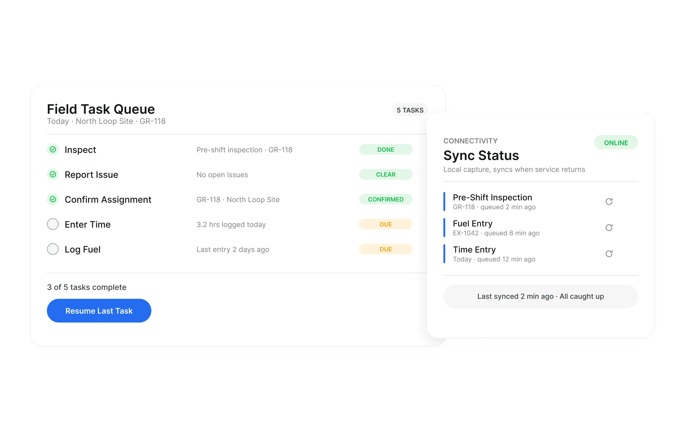 Clue operator app showing a field task queue and offline sync status