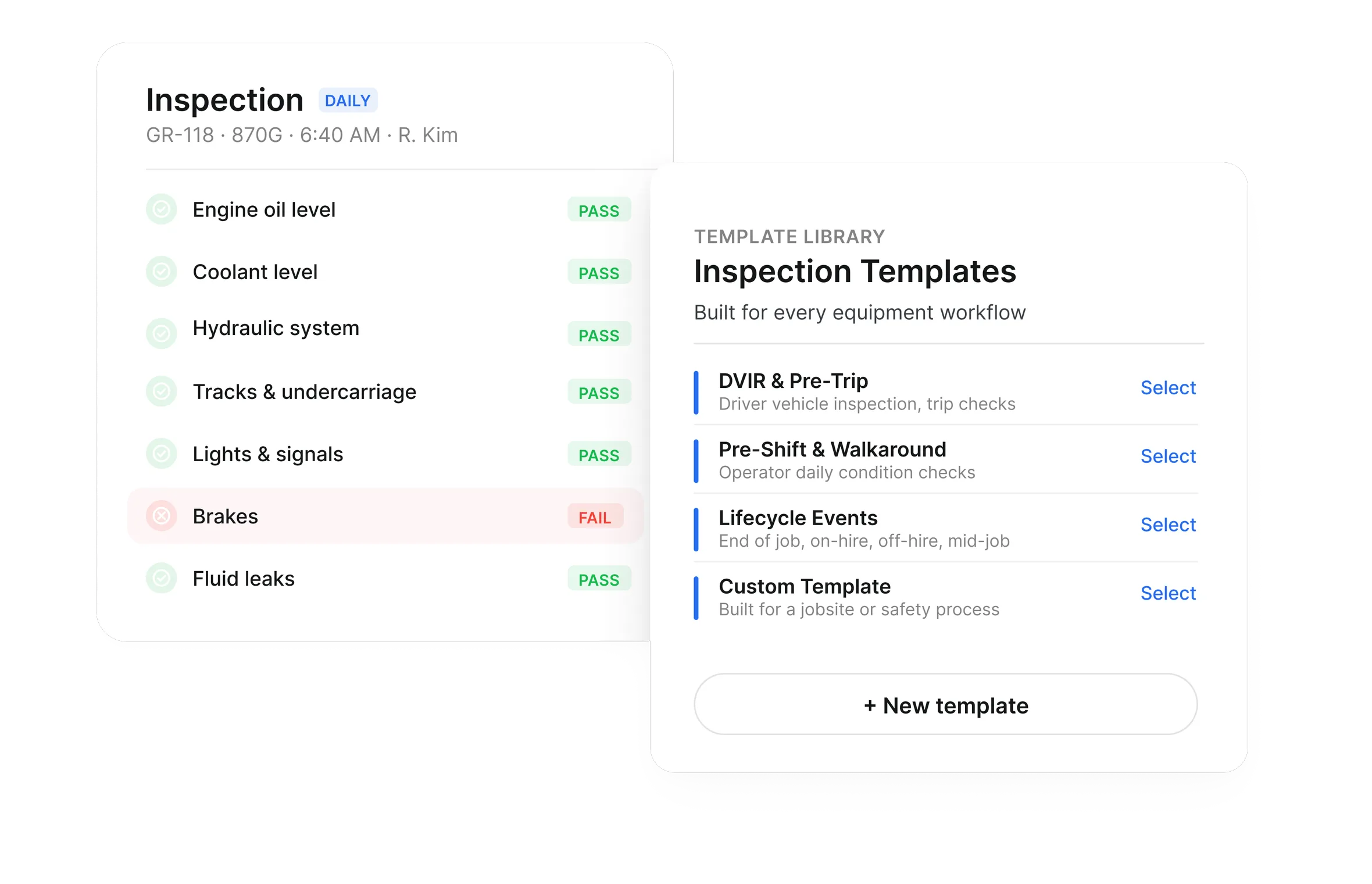 Pre-shift equipment inspection checklist and inspection templates in the Clue operator app