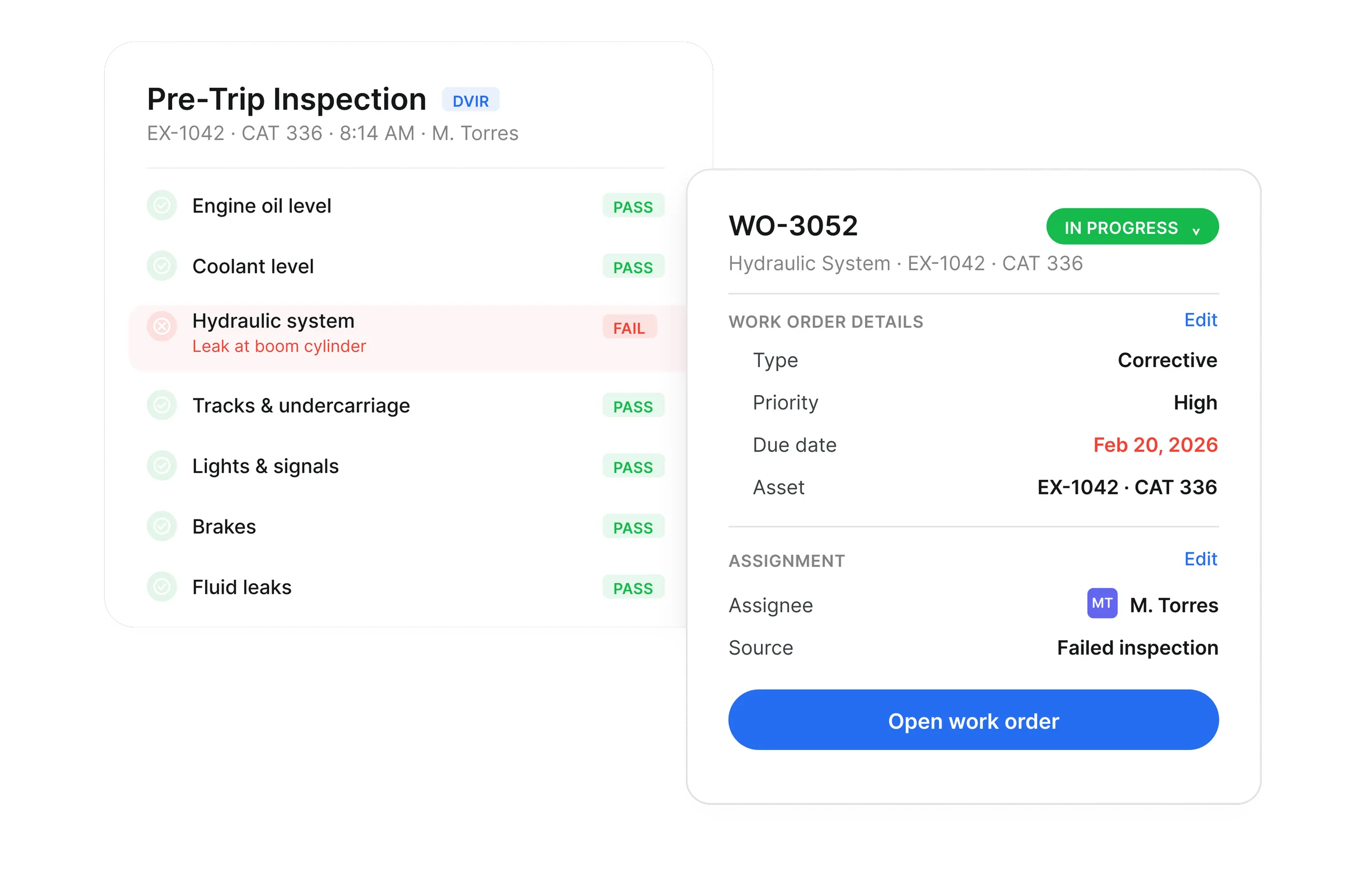 Operator breakdown report from a failed inspection becoming a work order in Clue