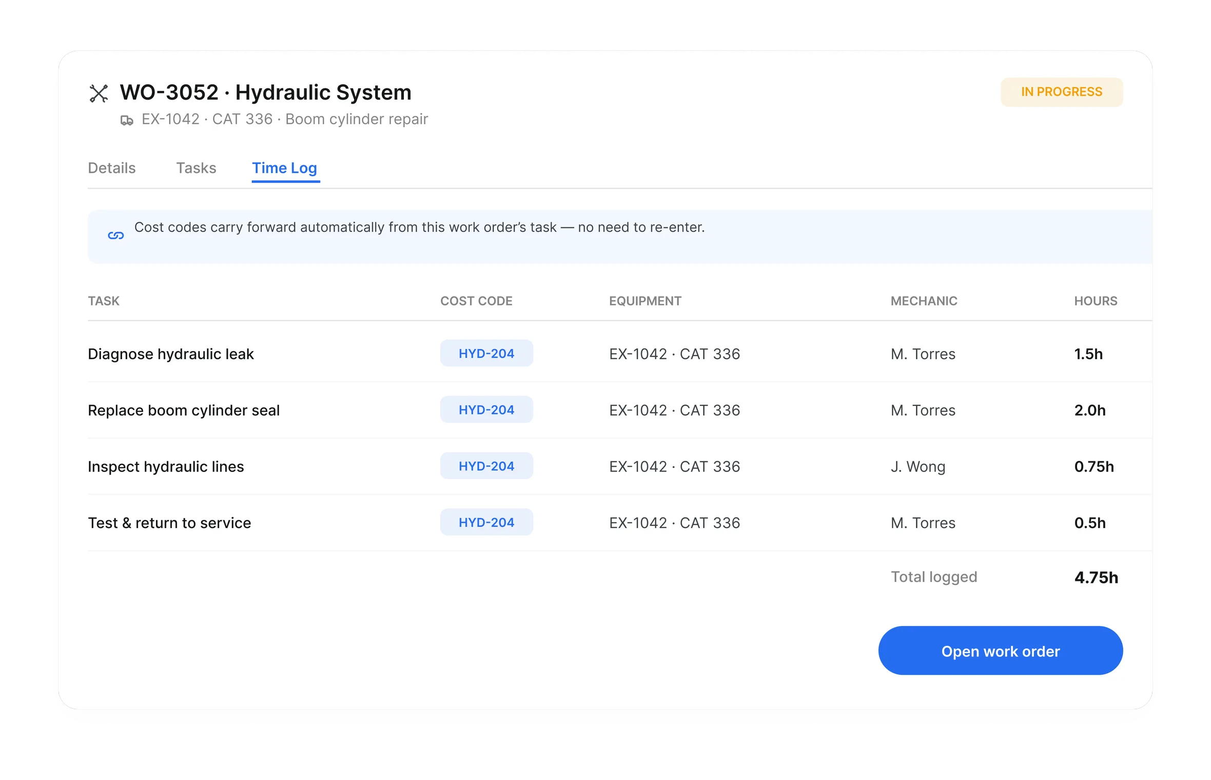 Operator time log with tasks, cost codes and hours in Clue