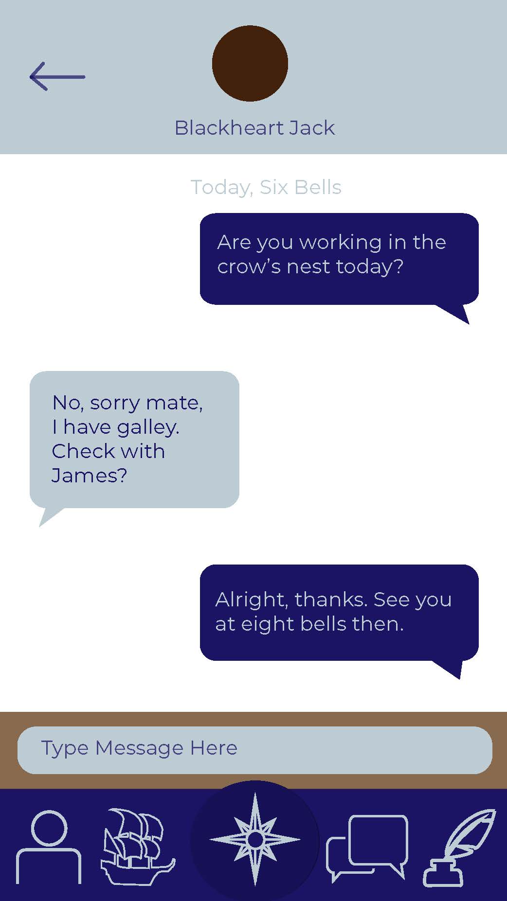 Matey chat function wireframe showing conversation with Blackheart Matt