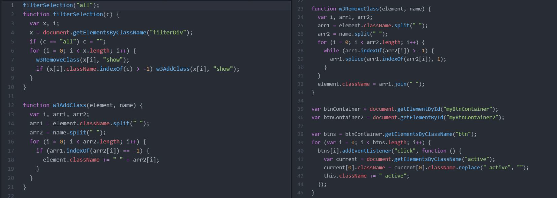 Screenshots of Javascript function that filters tasks by season