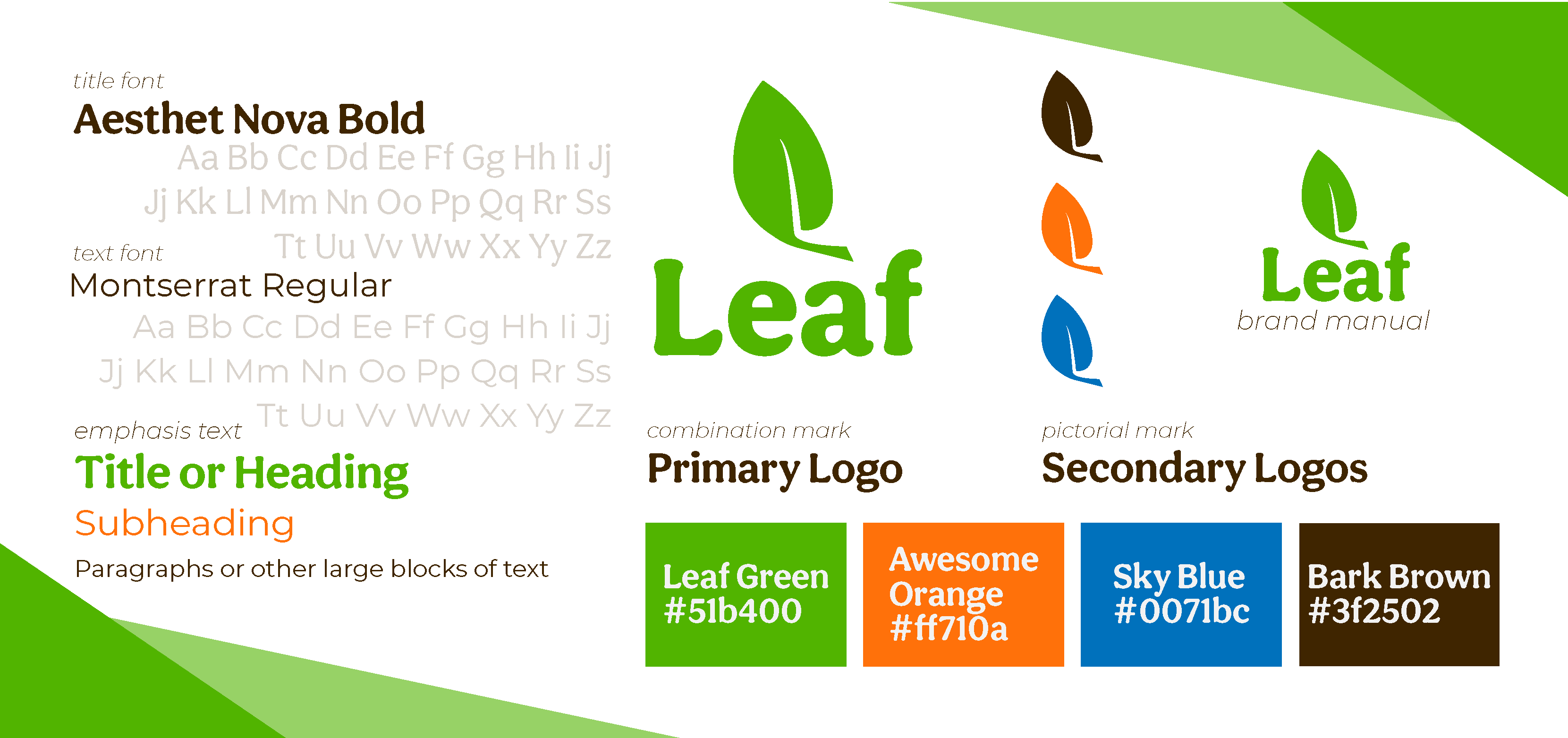 Leaf brand guidelines including logo, colors, and fonts