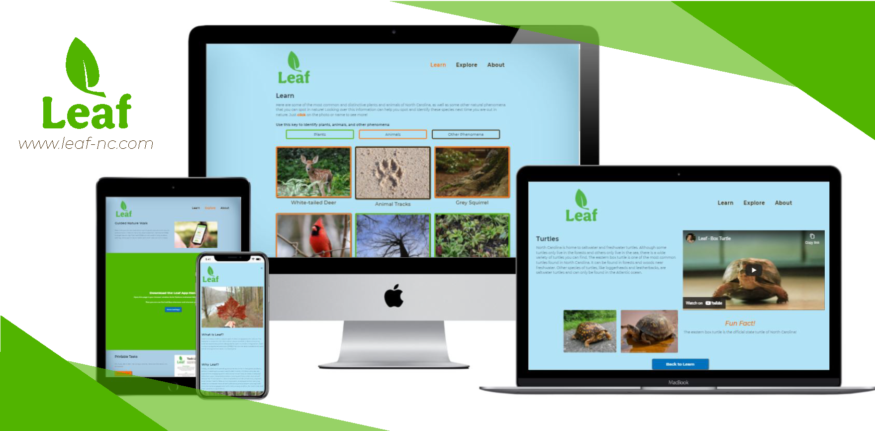 A tablet, desktop, and laptop showing the Leaf website