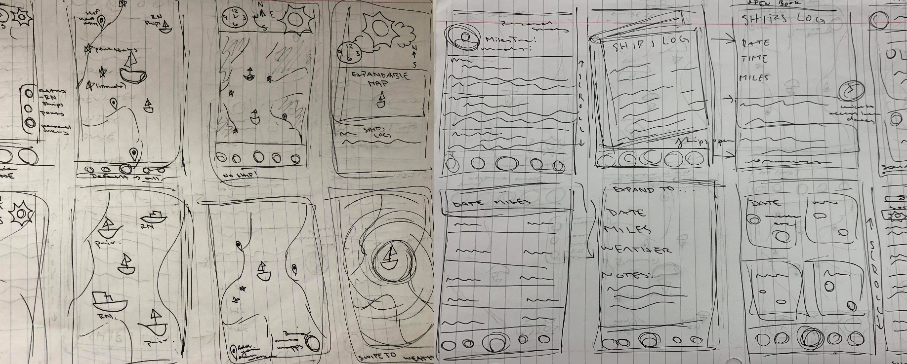 Collection of handdrawn wireframes of pirate app screens