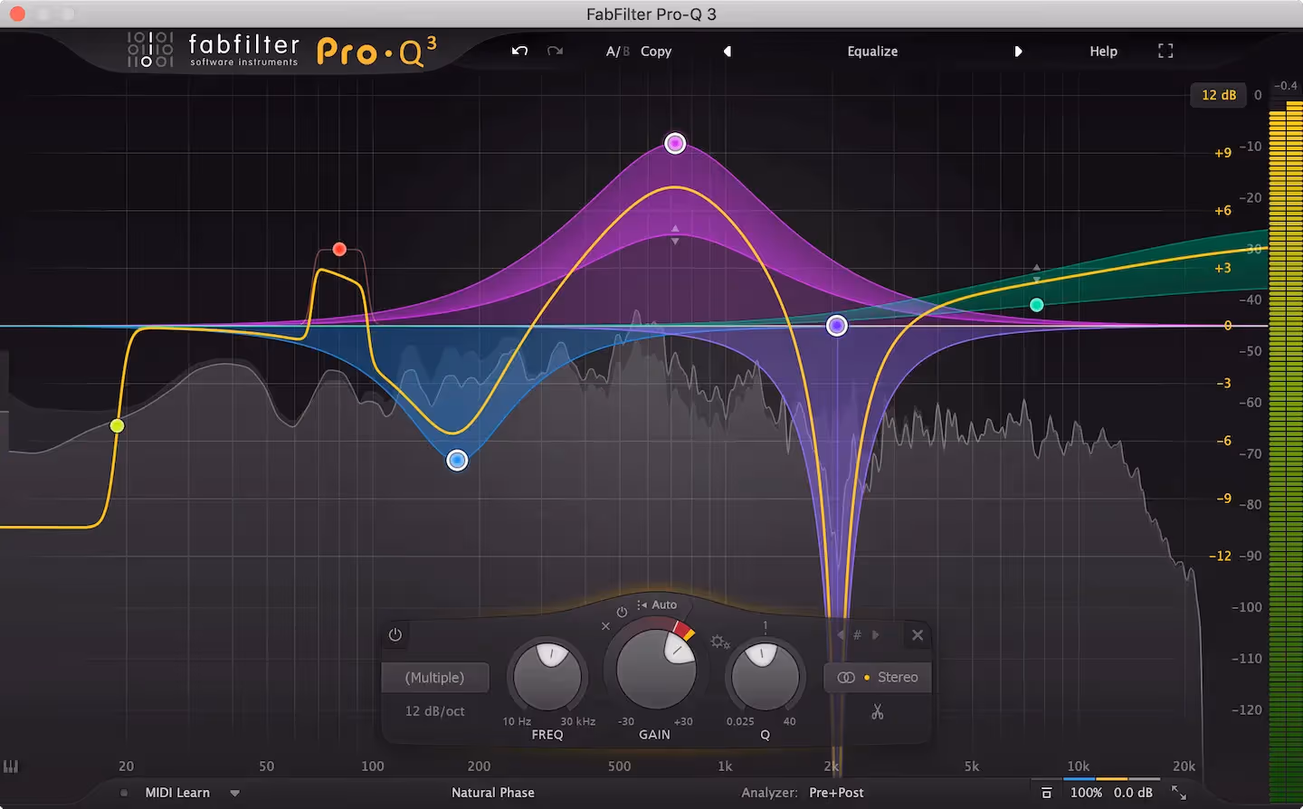 Screen shot of FabFilter Pro Q 3 with colourful curves