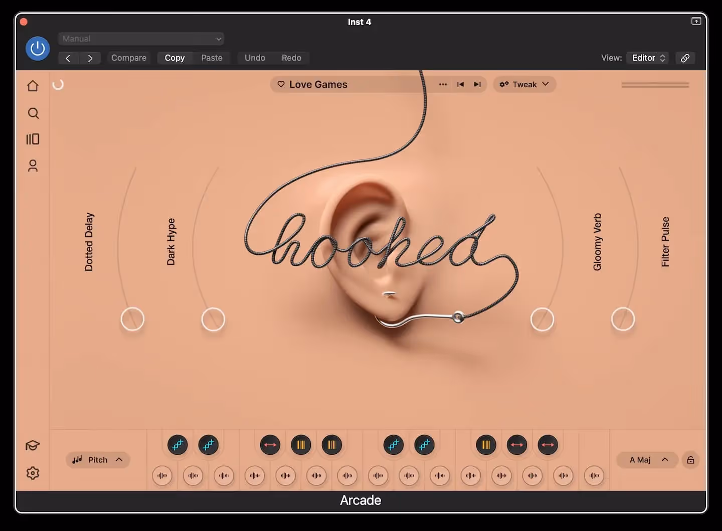 Screenshot of Output Arcade plugin, with Hooked sound pack.