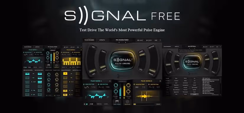 Advertisement for Output Signal Free with heading "test drive the world's most powerful pulse engine", and three plugin screen shots