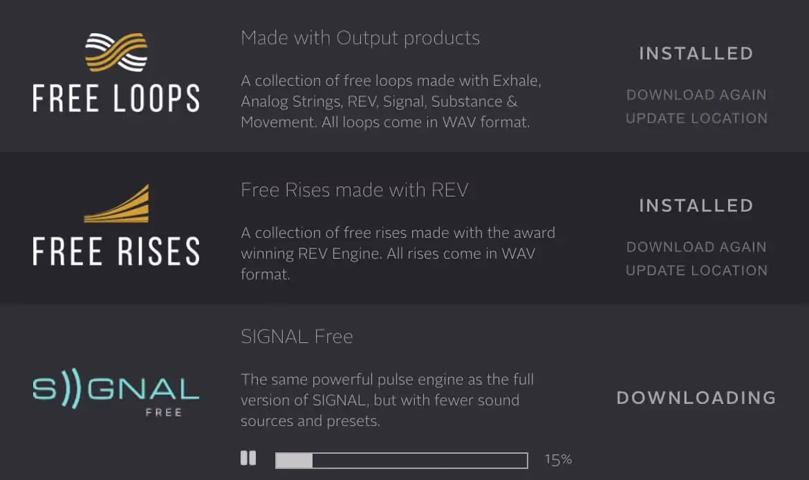 Screenshot of the free instruments to download in the Output Hub: Free Loops, Free Rises, Signal Free
