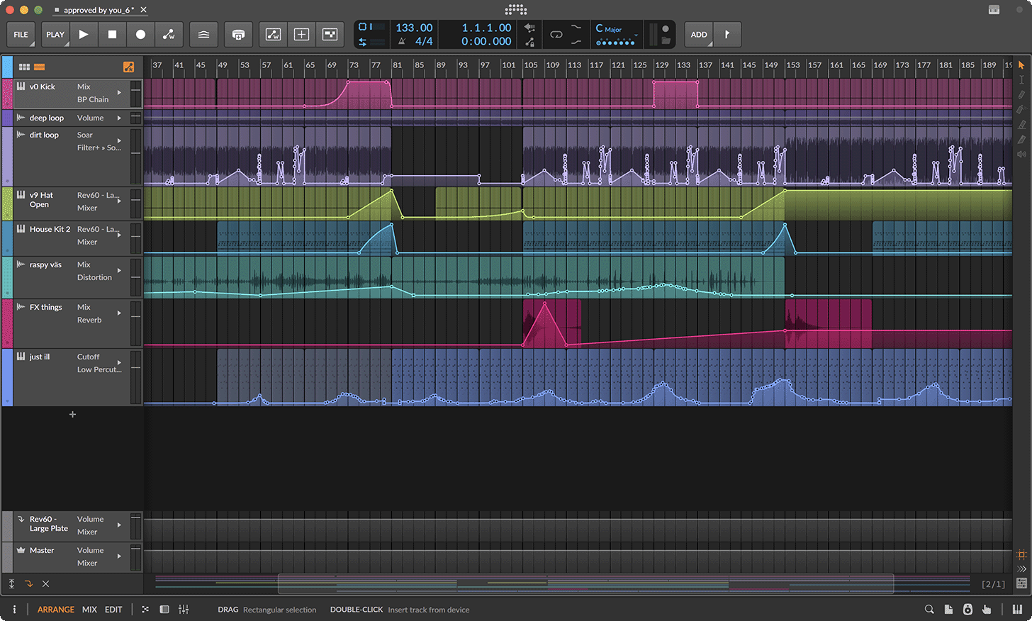 Bitwig Studio 6 Automation Mode: overlay view showing automation lanes directly on arrangement tracks