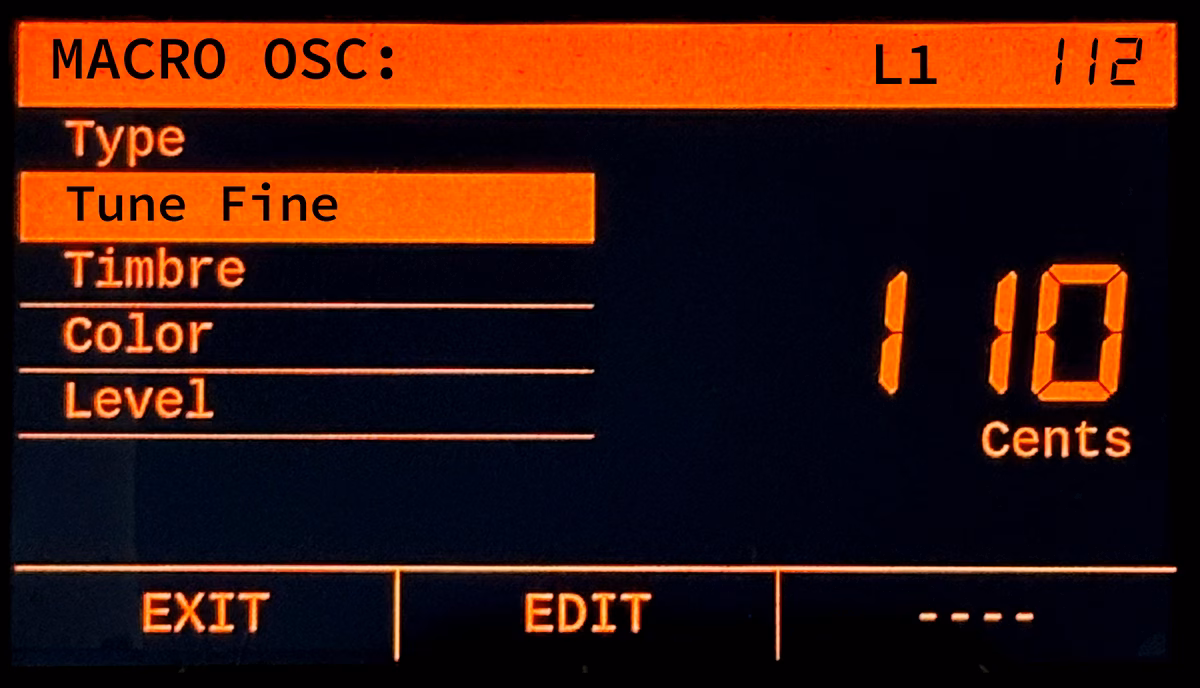 NINA screen showing the Macro Oscillator parameter page (Type, Tune Fine, Timbre, Color, Level)