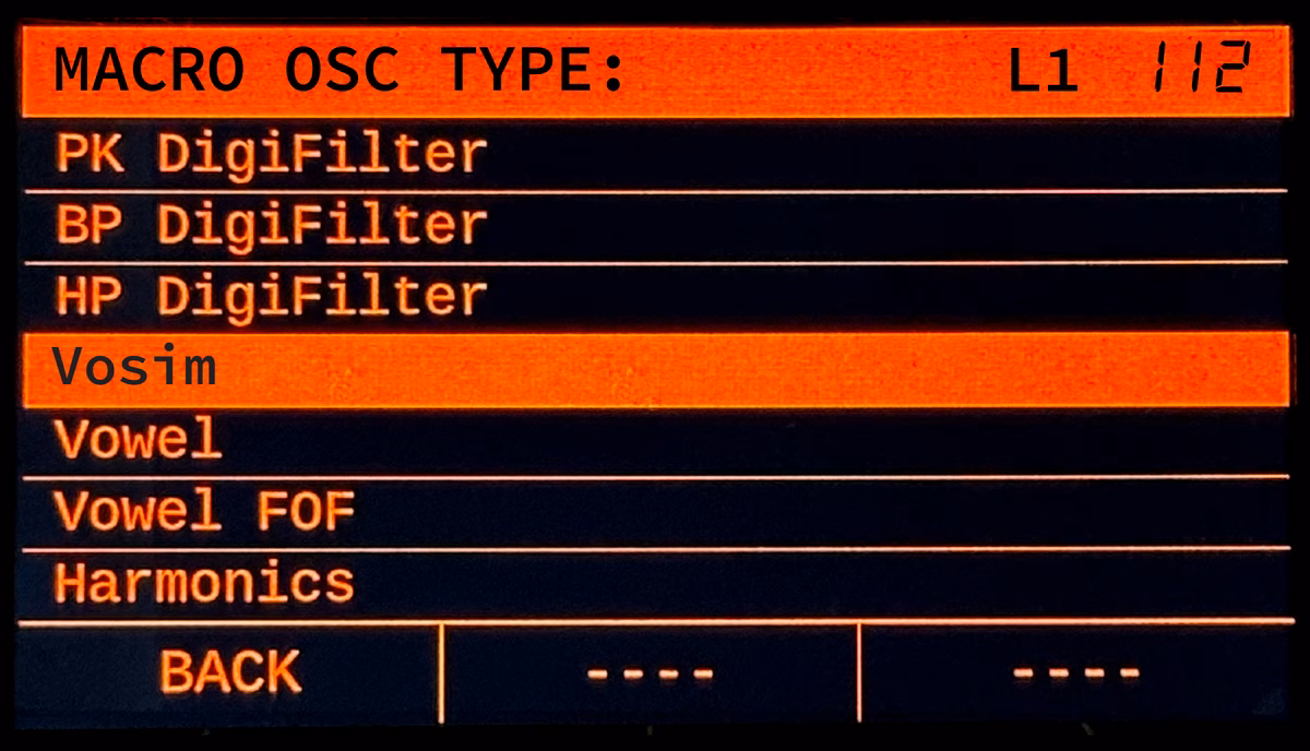 NINA screen showing the new Macro Oscillator type list (PK DigiFilter, Vosim, Vowel, Harmonics)