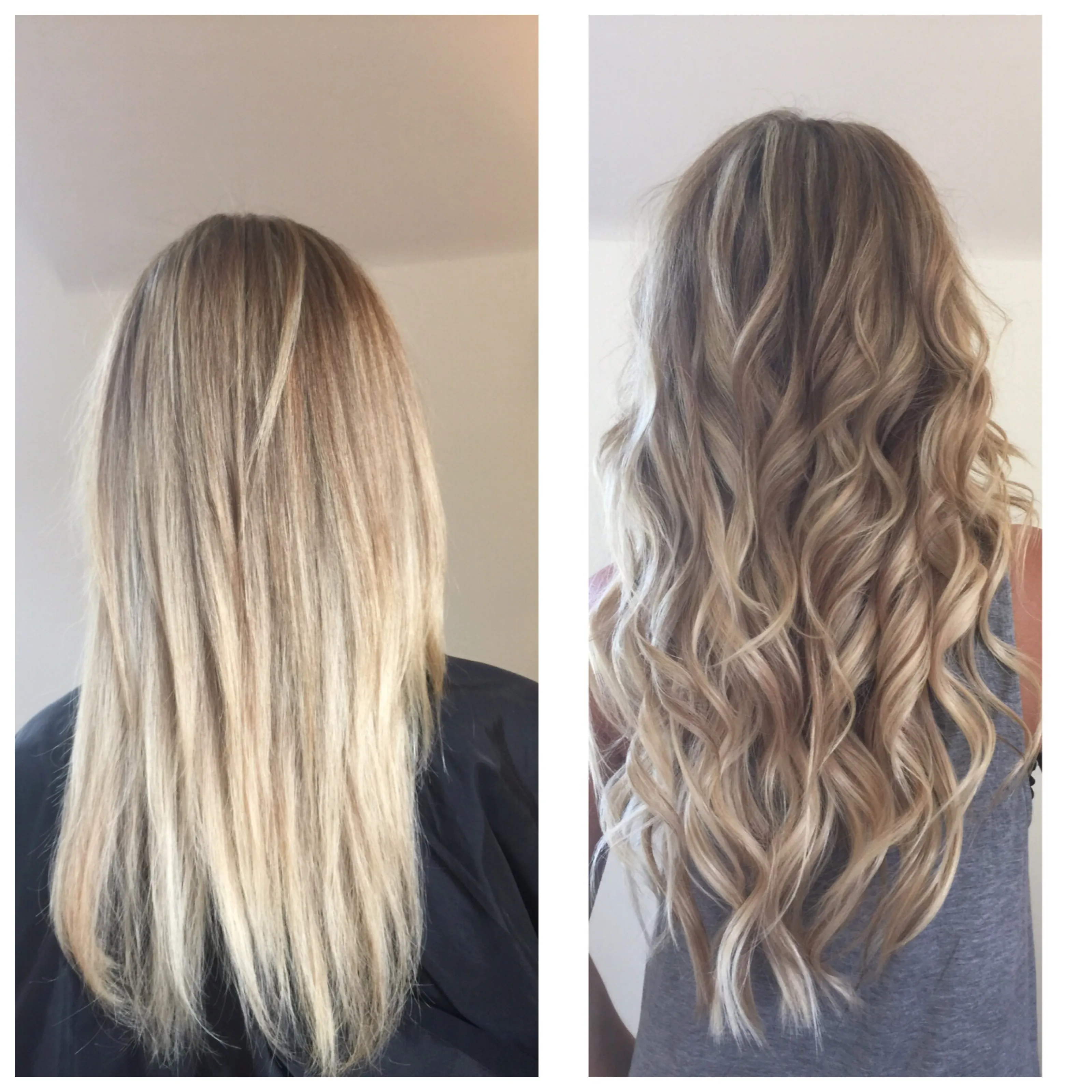 Before and after showing flat blonde ends replaced by full curled length