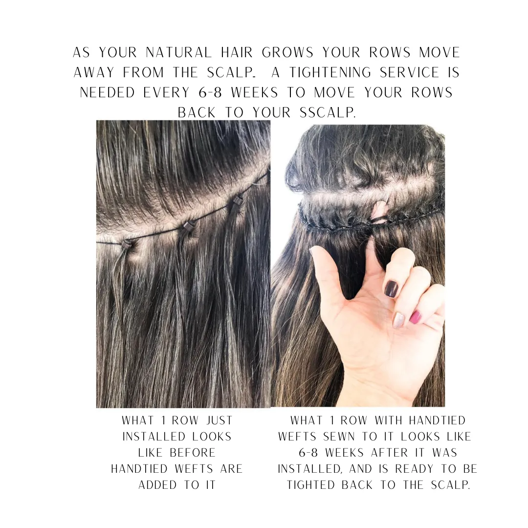 Infographic explaining rows grow out and need tightening every six to eight weeks