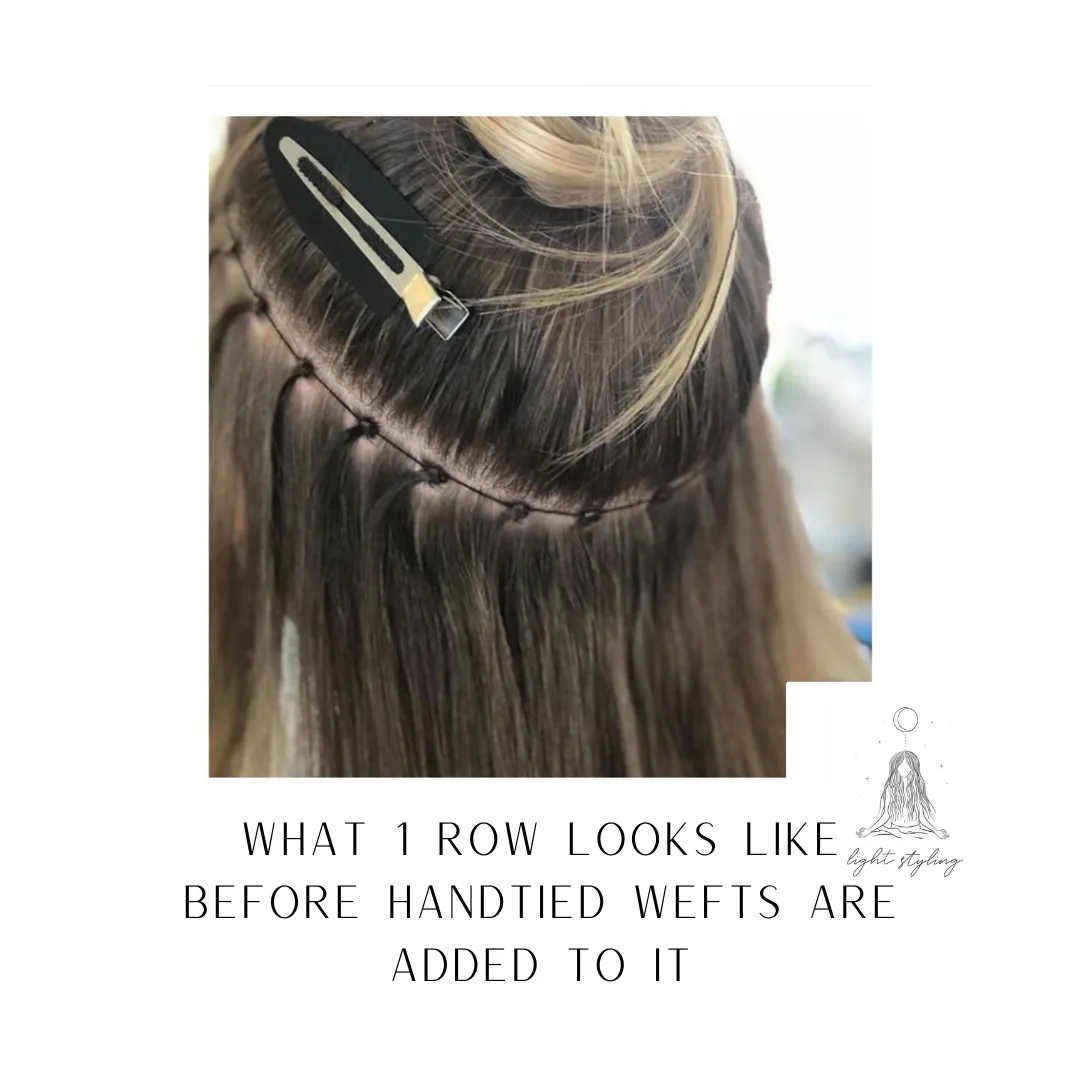 Graphic showing a single beaded row in place before hand-tied wefts are sewn on