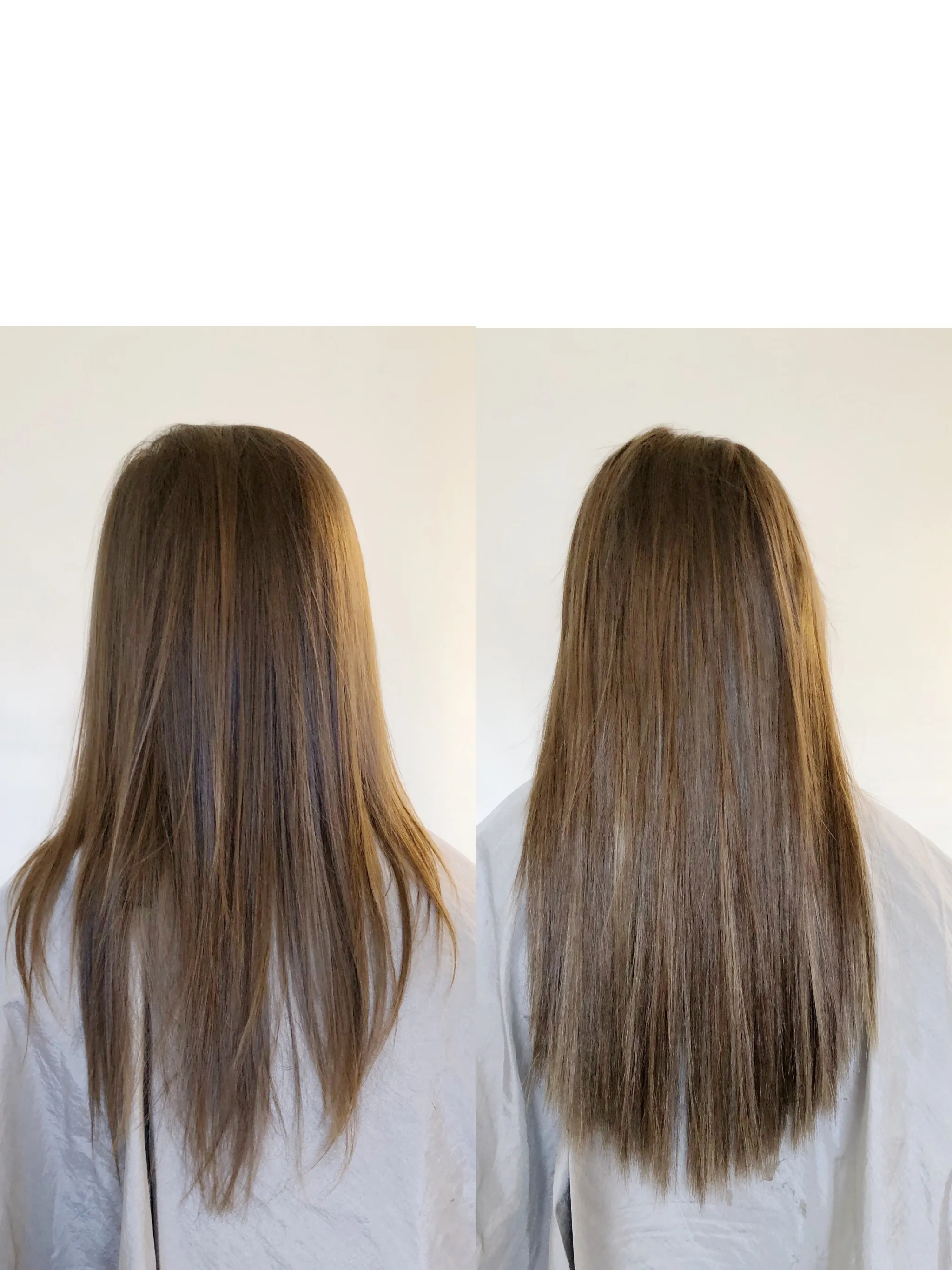 Two back views comparing straight brown hair before and after added length