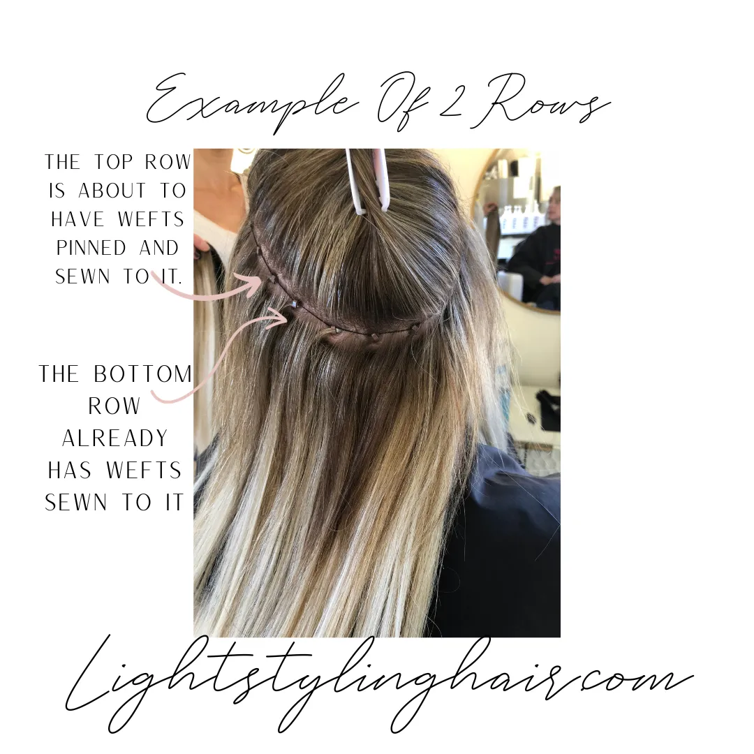 Annotated photo of two beaded rows, one already sewn with wefts and one waiting
