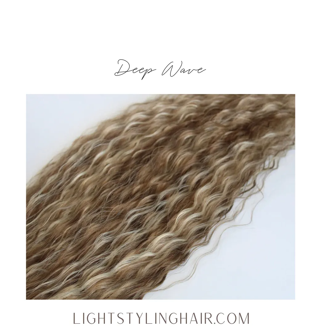 Deep Wave texture sample showing tightly waved highlighted extension hair